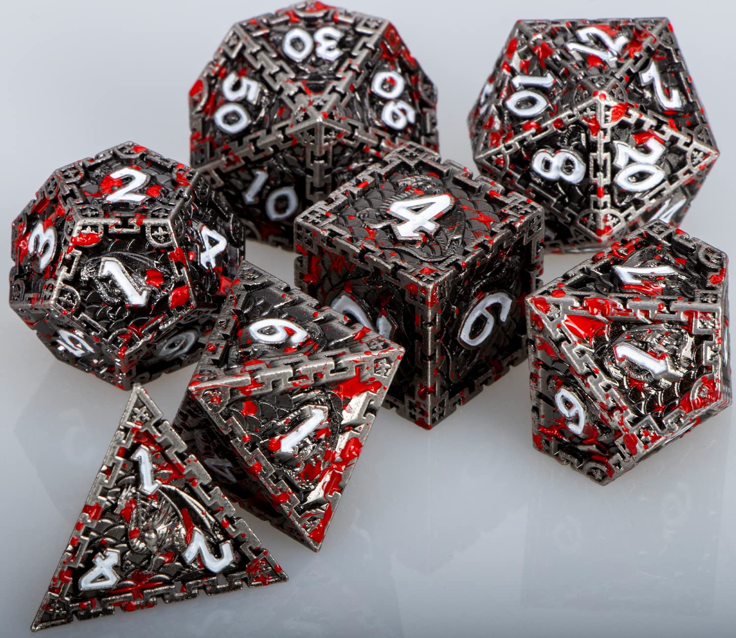 Premium Handmade Metal D&D Dice Set - Dragon Design Blood Red Polyhedral Dice (D20, D12, D10, D8, D6, D4) with Gift Box for Dungeons & Dragons RPG, Tabletop Gaming & Collectors