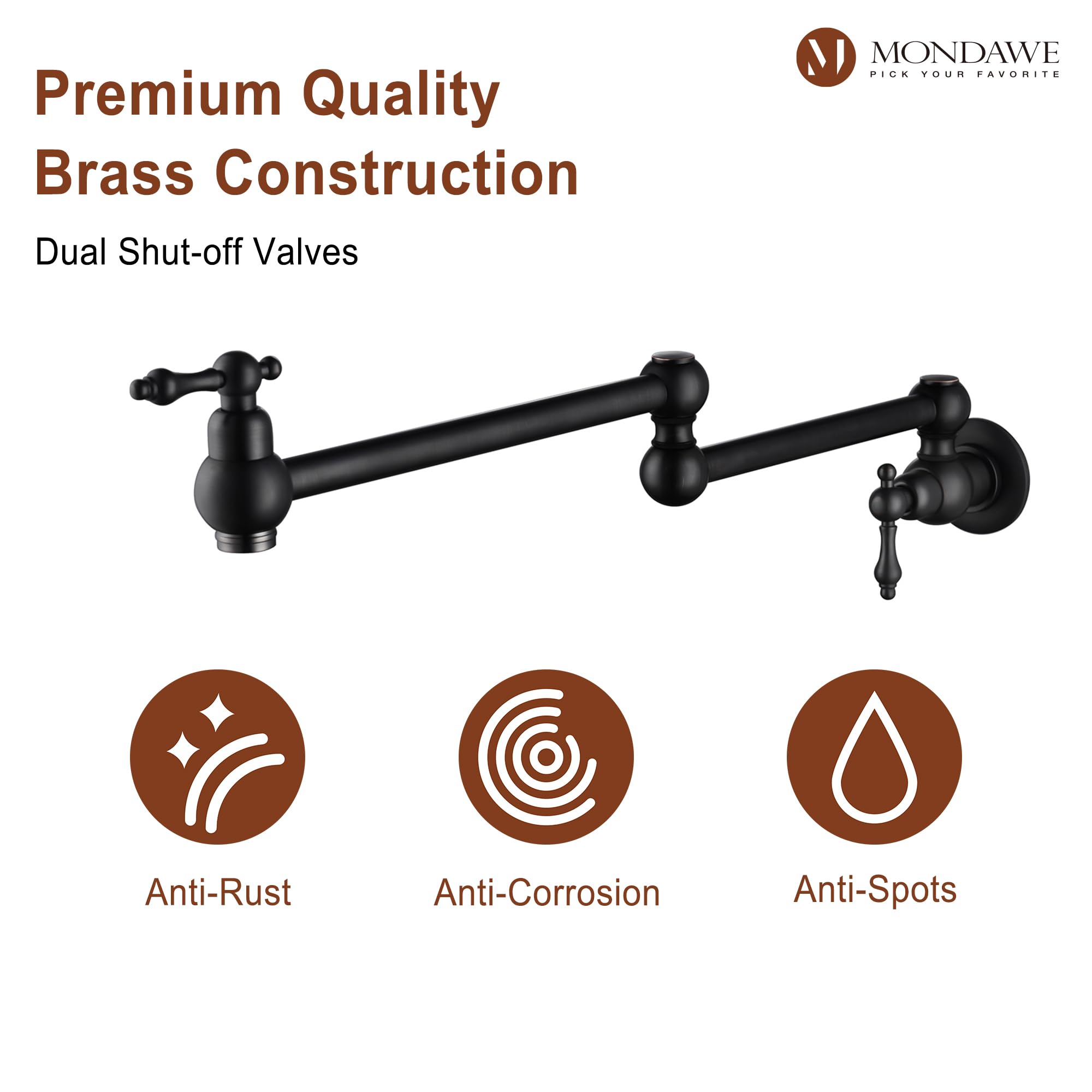 MONDAWE Matt Black Pot Filler Faucet - Brass Wall Mount Stove Faucet with Double Handle & 360° Rotation - 1.8 GPM Kitchen Sink Faucet for Pasta Cooking & Soup Making - Perfect for Modern Farmhouse & Commercial Kitchens
