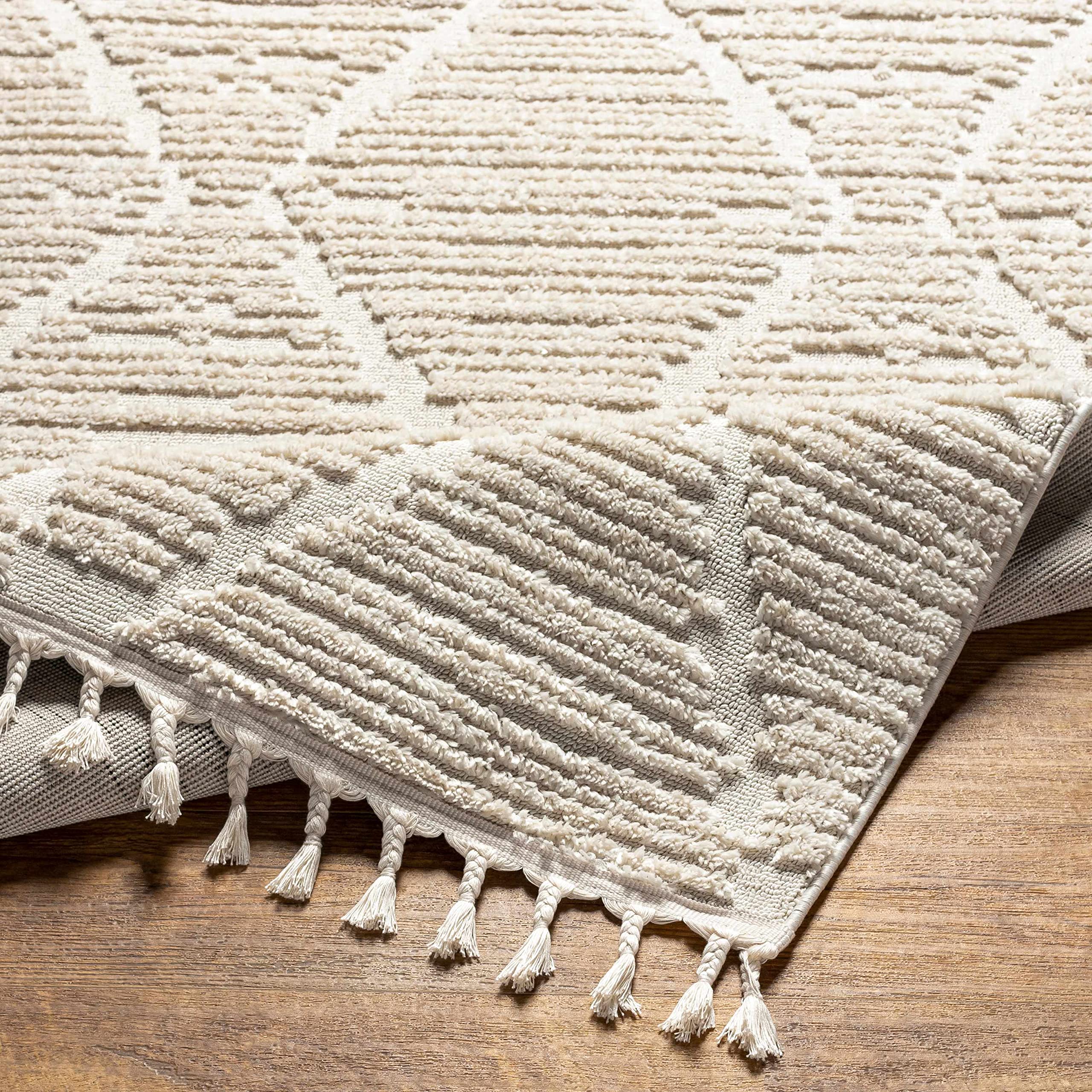 Luxury Hauteloom Mengen Plush High Pile Area Rug - Soft Ivory Shag Carpet for Living Room & Bedroom - 6'7