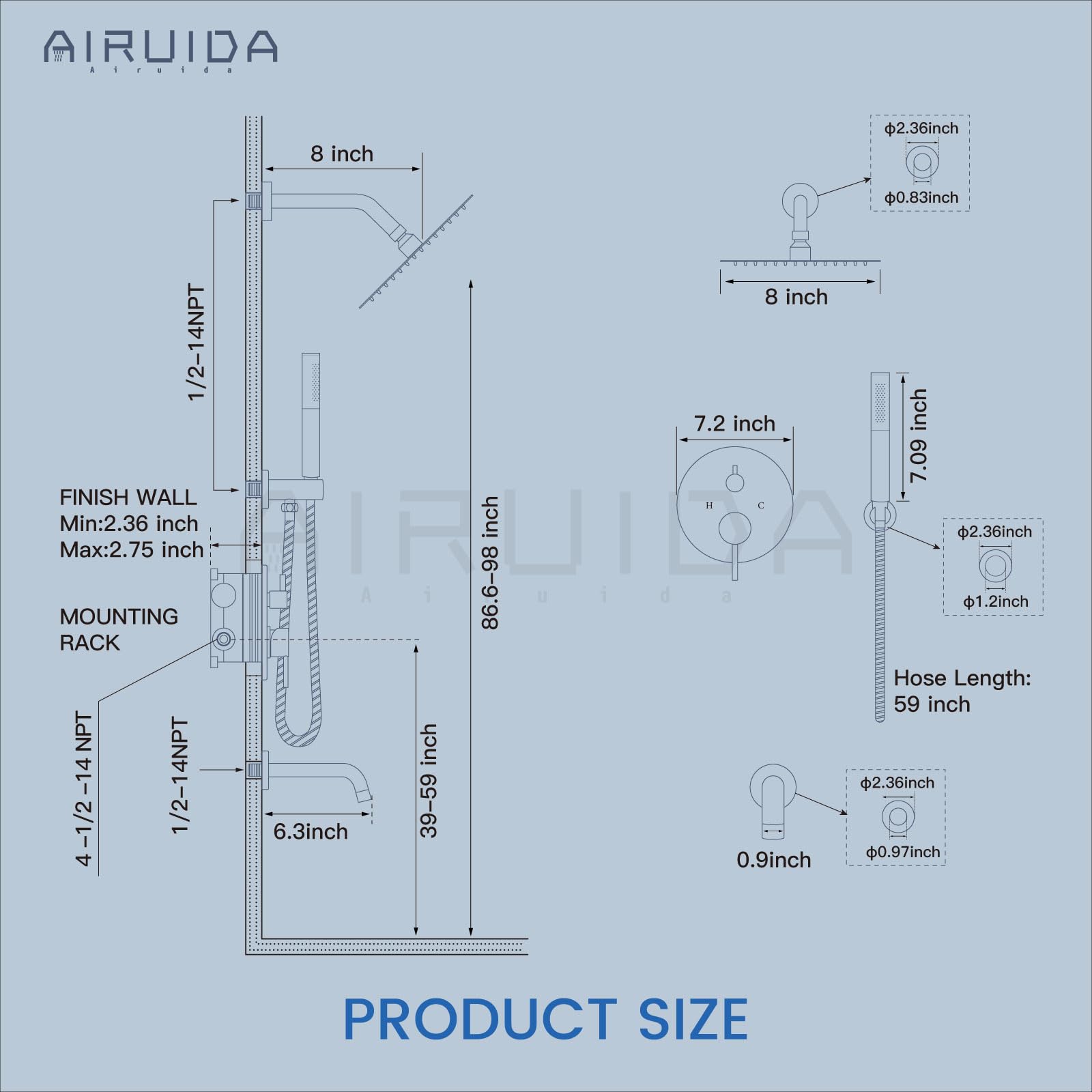 Airuida 8-Inch Round Shower System Set - 3-Function Wall Mount Rain Shower Faucet with 2-Function Handheld & Tub Spout - Chrome Polish Finish for Bathroom & Tub Shower Combo - Perfect for Modern Home & Spa Experience