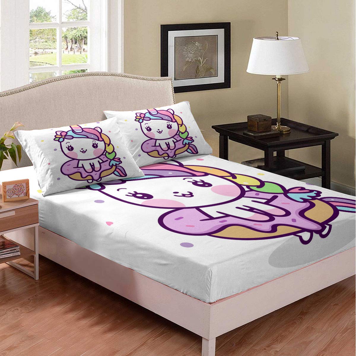 Unicorn Print Kids Fitted Sheet Queen Size - 3 Piece Bedding Set (1 Fitted Sheet + 2 Pillowcases) - Cartoon Horse Pattern with Colorful Dots for Teens & Young Adults - Perfect for Girls' Bedrooms, Sleepovers & Fantasy Themed Decor