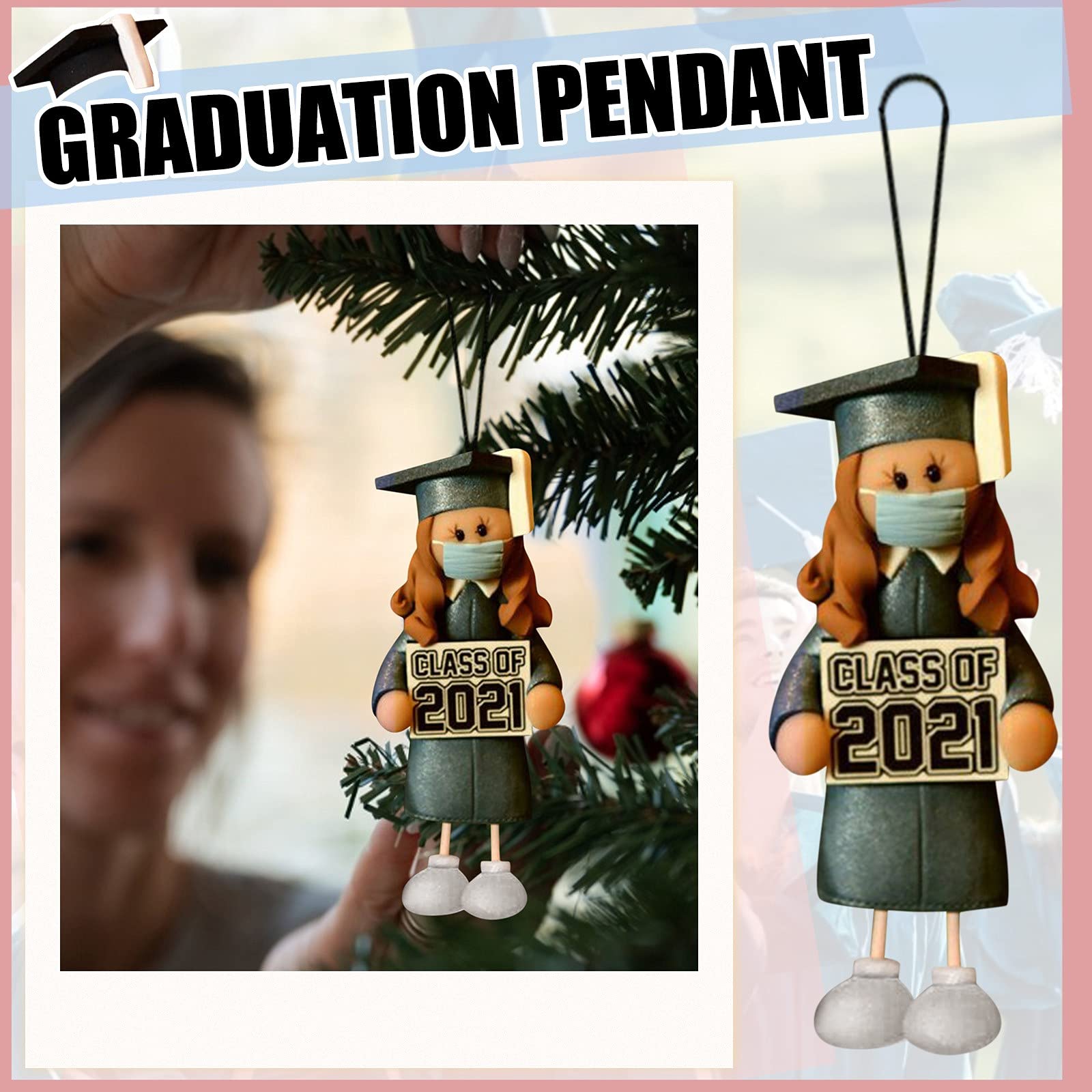2021 Graduation Ornament - Bachelor's Hat Doll Pendant for University & College Graduates - Class of 2021 Keepsake Gift for Friends, Classmates & Students - Perfect for Graduation Parties, Dorm Decor & Memory Boxes (Blue)