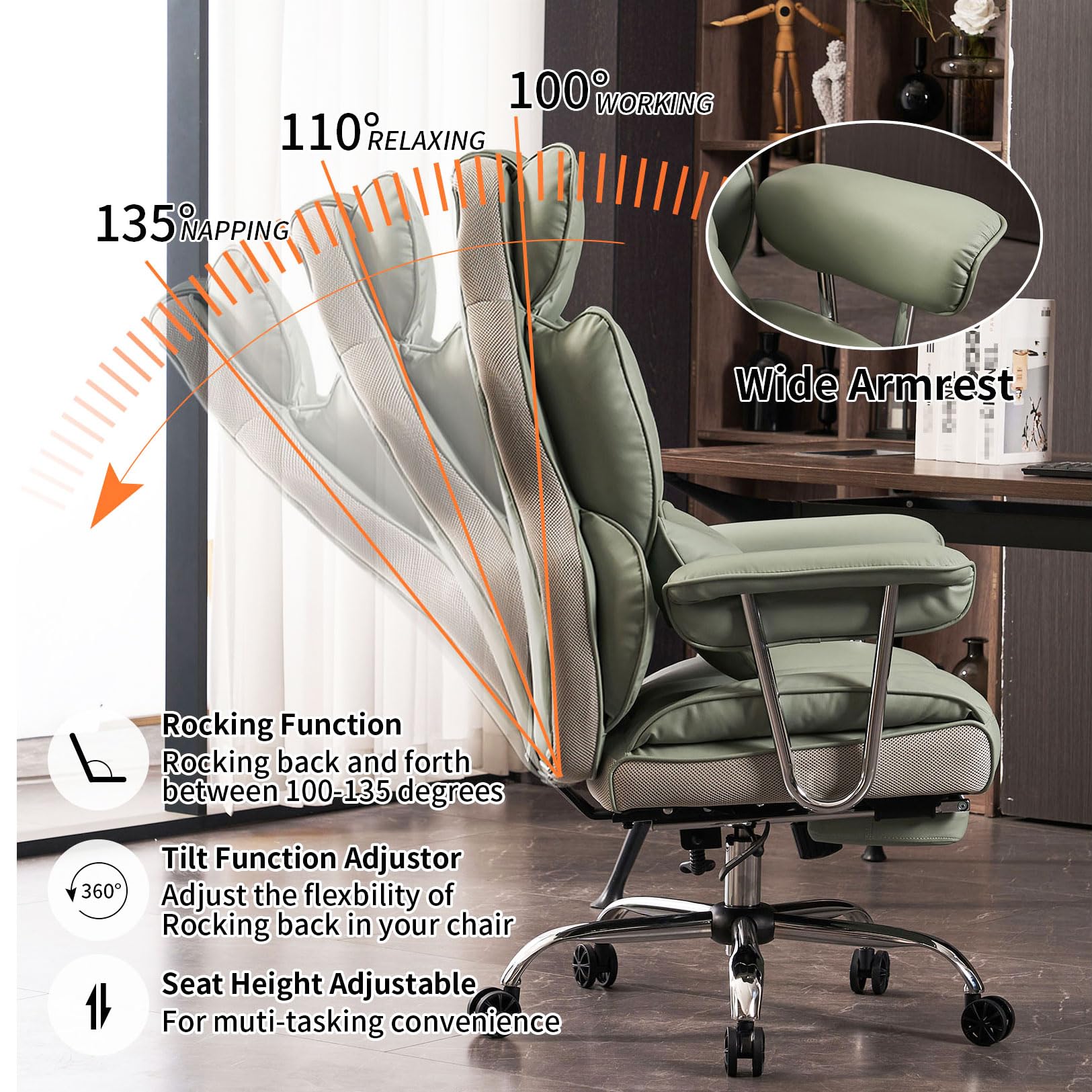 Efomao Big and Tall Office Chair 400lbs - Heavy Duty Executive Desk Chair with Footrest, PU Leather Computer Chair for Heavy People - Light Green Ergonomic Home Office Chair for Working, Gaming & Studying