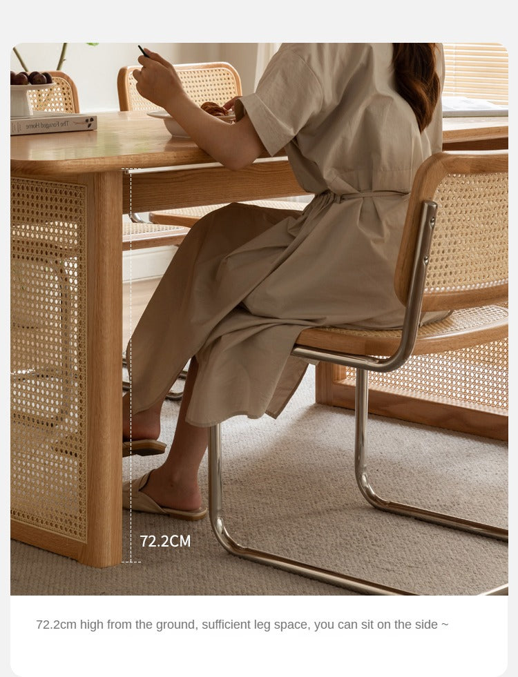 Solid Oak Wood Rattan Dining Table - Rustic Farmhouse Style for Indoor and Outdoor Use