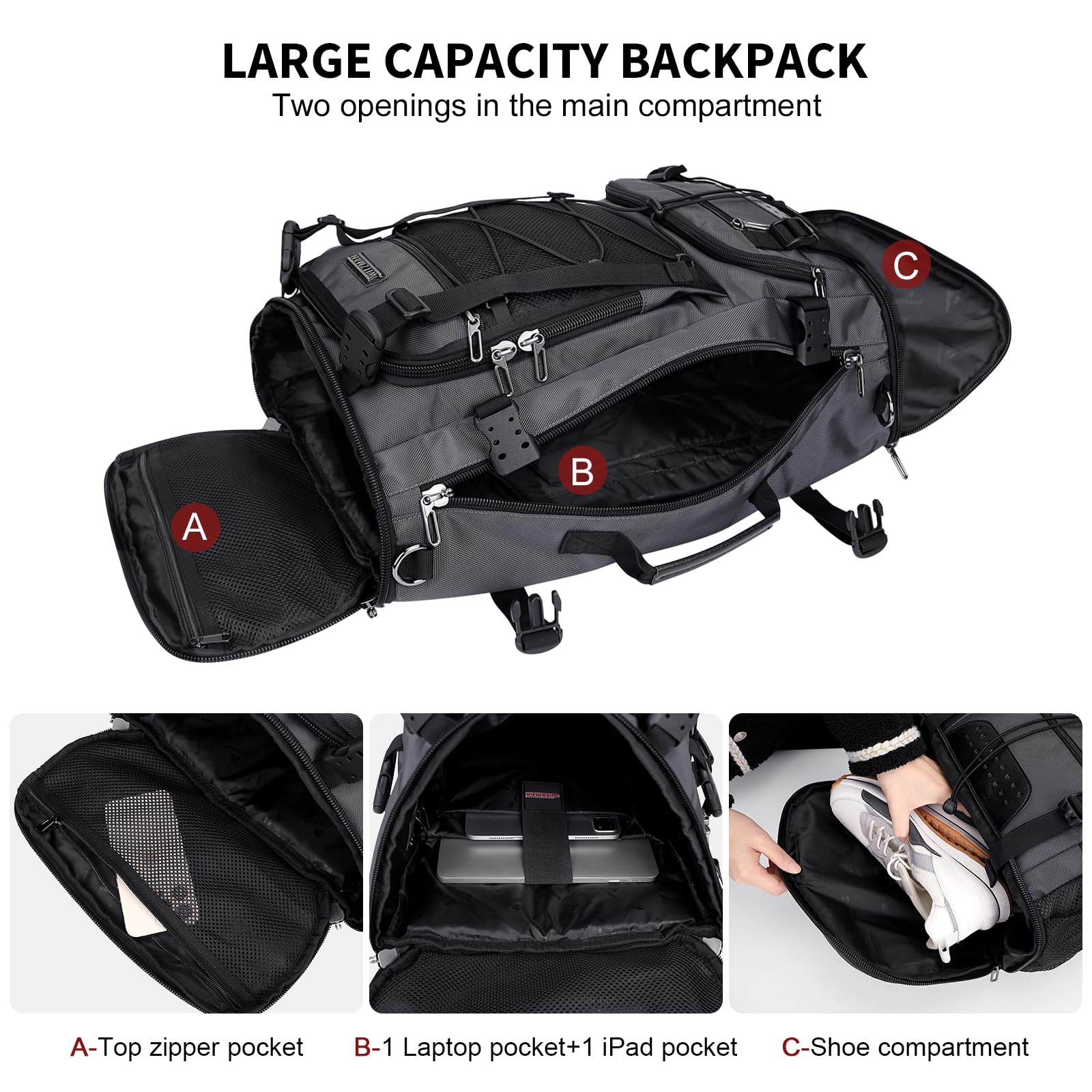 WITZMAN Large Travel Backpack for Men - Convertible Carry-On Laptop Backpack with Shoe Compartment Fits 17 Inch Laptop (B689 Silvery Grey) - Perfect for Business Trips, Gym & Weekend Getaways
