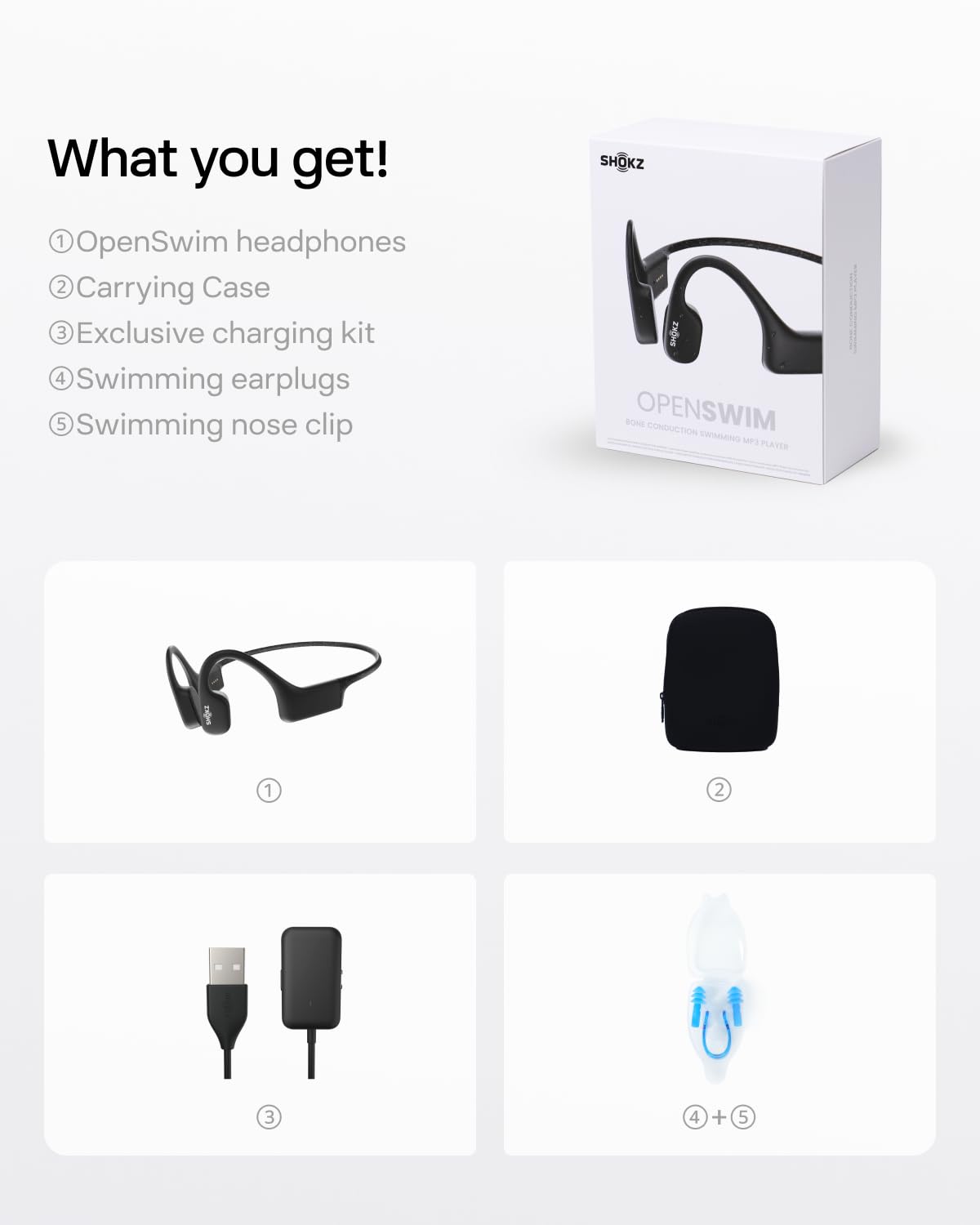 Shokz OpenSwim Waterproof Bone Conduction MP3 Player - Wireless Open-Ear Headphones for Swimming, Running & Workouts - Includes Nose Clip & Earplugs (Black) | Perfect for Pool, Ocean & Triathlon Training