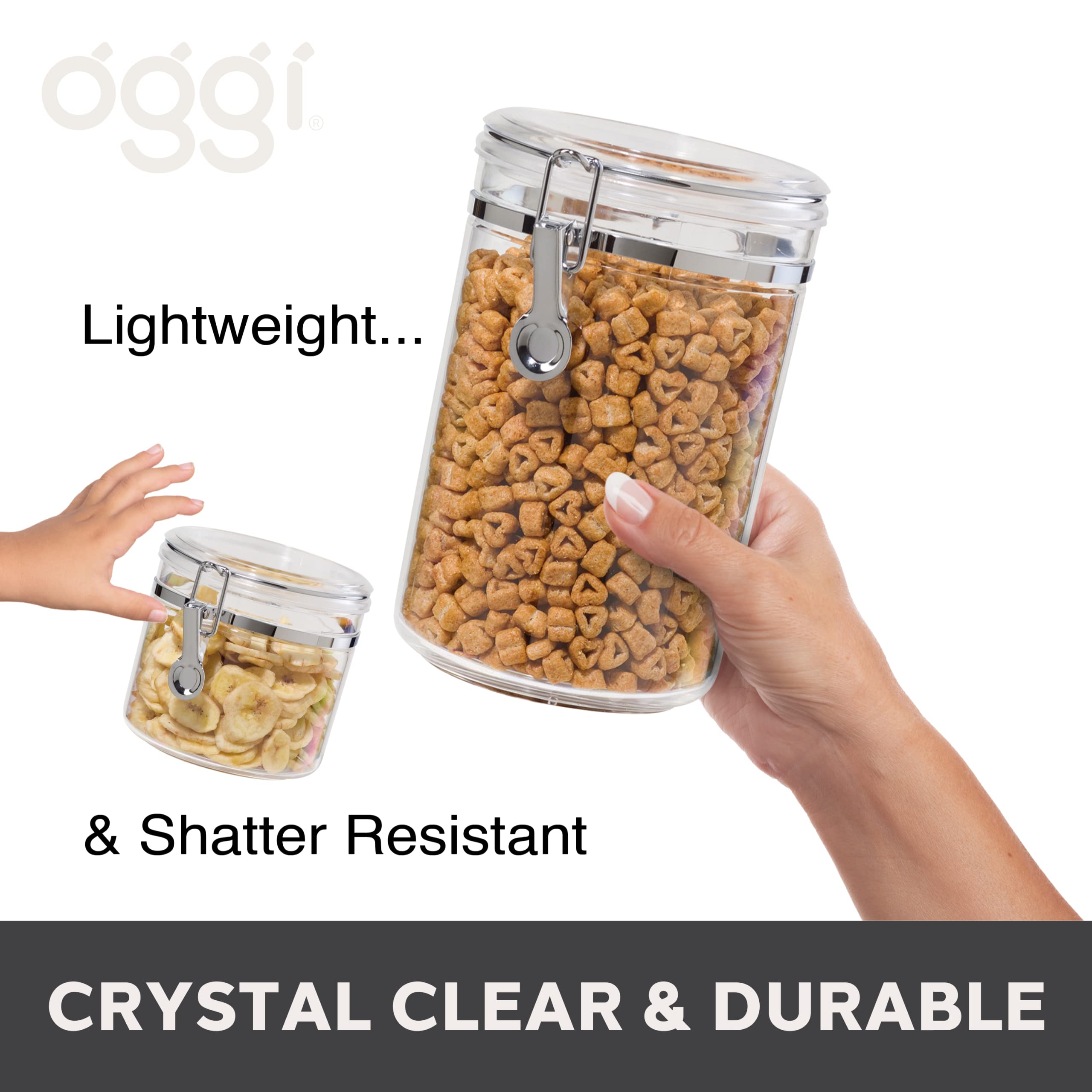 Oggi 4-Piece Clear Airtight Canister Set with Clamp Lids - Perfect for Kitchen & Pantry Storage of Flour, Sugar, Coffee, Rice, Tea, Spices & Herbs - Ideal for Baking, Cooking & Organizing Dry Foods