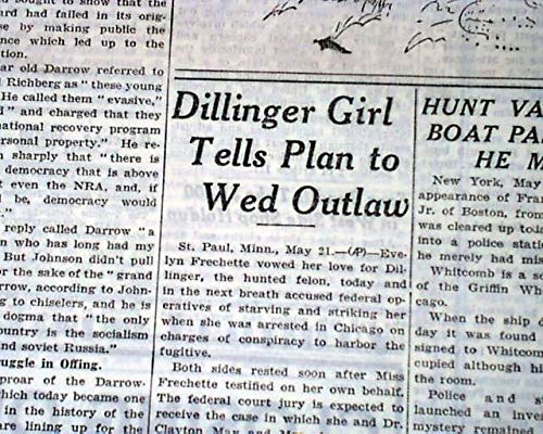 1934 Chicago Daily Tribune Newspaper - John Dillinger Bank Robber & Evelyn Frechette Wedding Announcement | Vintage Collectible, Historical Memorabilia, Home Decor for History Buffs