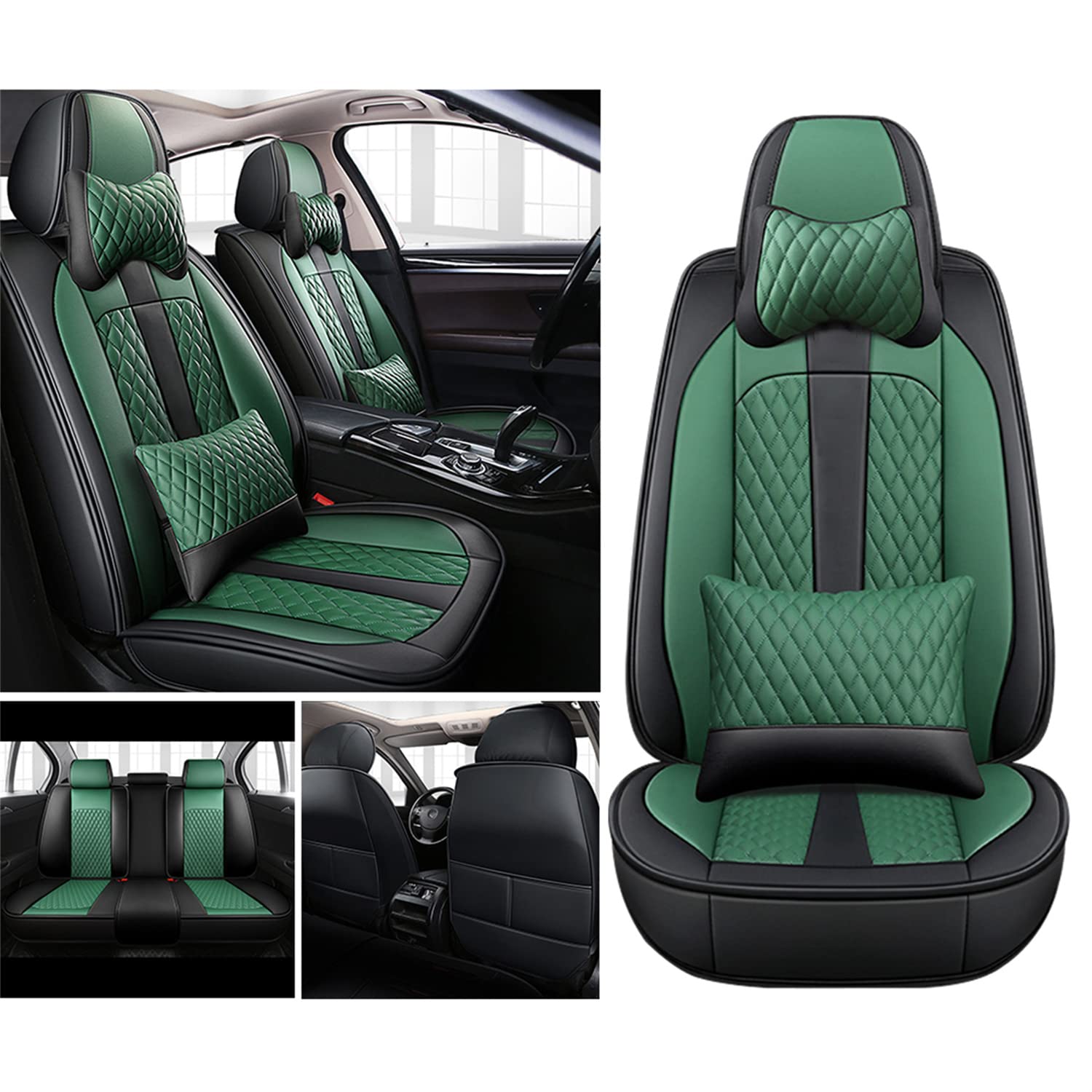 Premium 5-Seat Full Set Luxury Leather Car Seat Covers - Waterproof, Airbag Compatible, All-Weather Protection (Black/Green) | Front Row with Headrest & Lumbar Support | Perfect for SUVs, Trucks & Family Vehicles