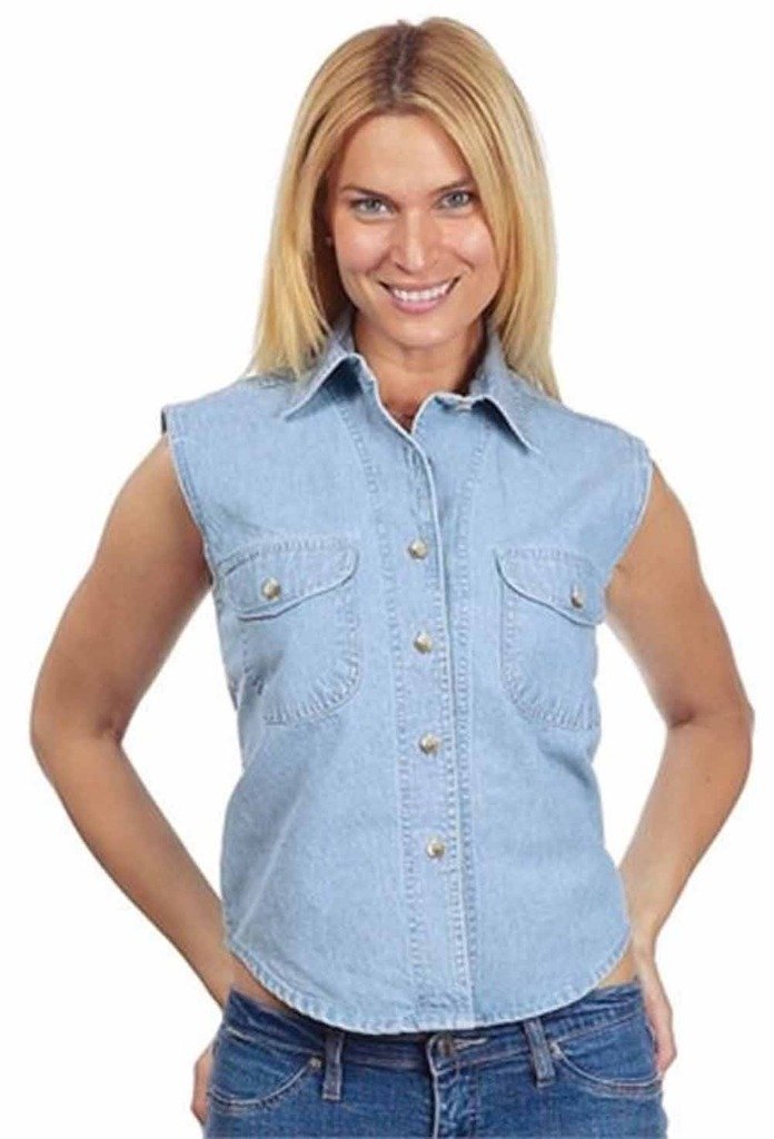 Premium Women's Light Blue Denim Sleeveless Shirt - Genuine Leather Trim - Casual Summer Tops for Women - Perfect for Beach, Party & Street Style Outfits