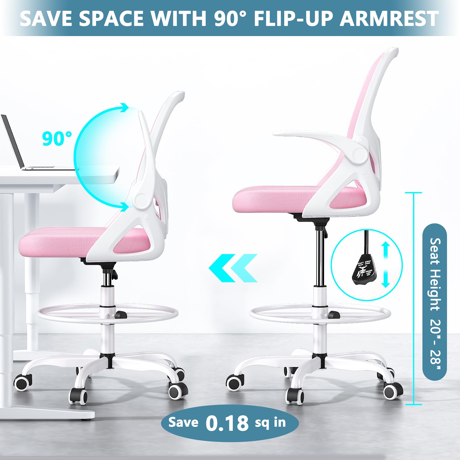 Ergonomic Tall Drafting Chair with Footrest Ring - Adjustable Height Office Chair with Flip-Up Arms & Lumbar Support for Home & Work - Perfect for Architects, Designers & Extended Computer Use (Pink)