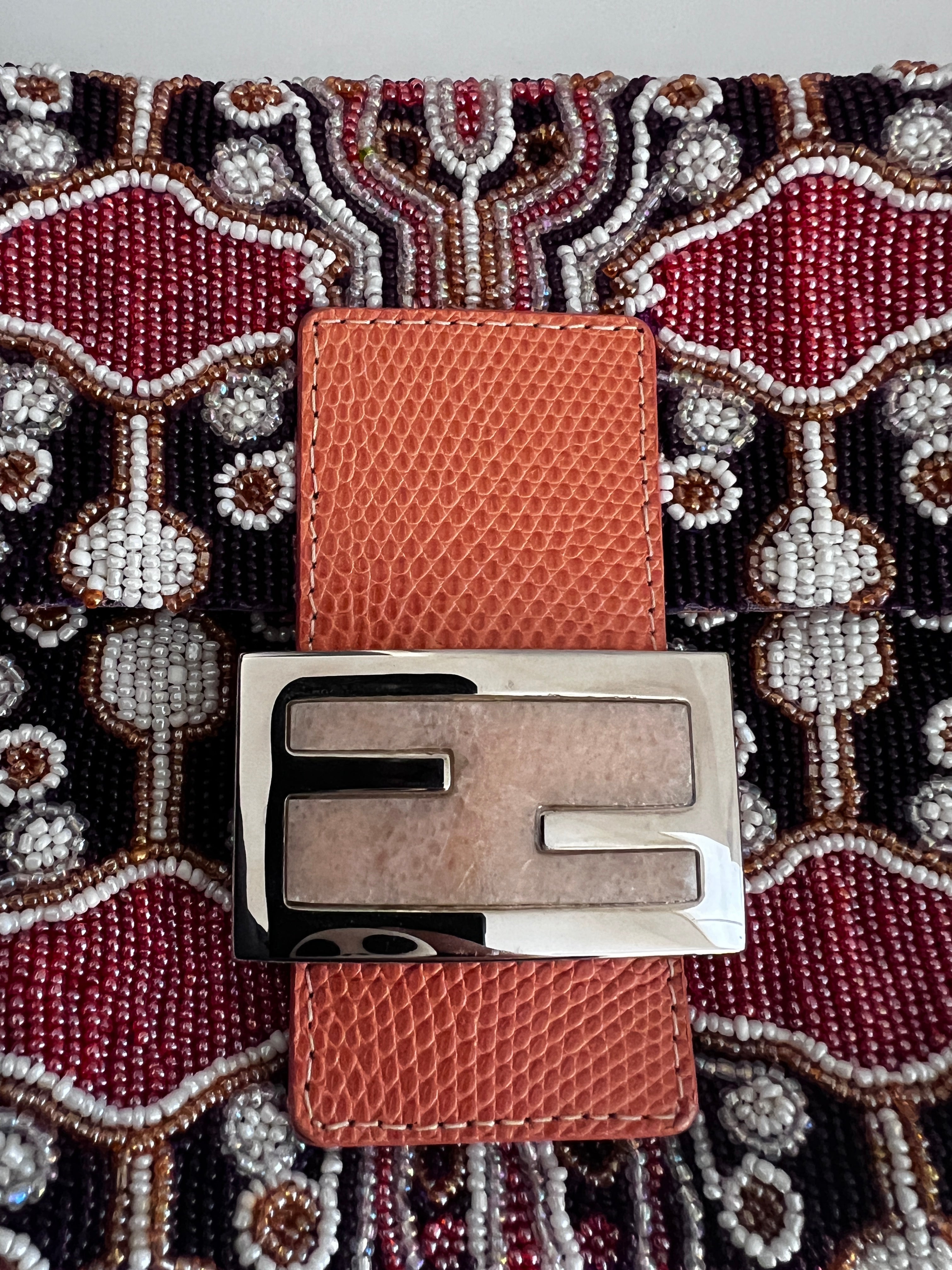 Fendi Orange Beaded Embroidered Baguette Bag - Luxury Designer Crossbody Purse for Women, Evening Parties & Special Occasions