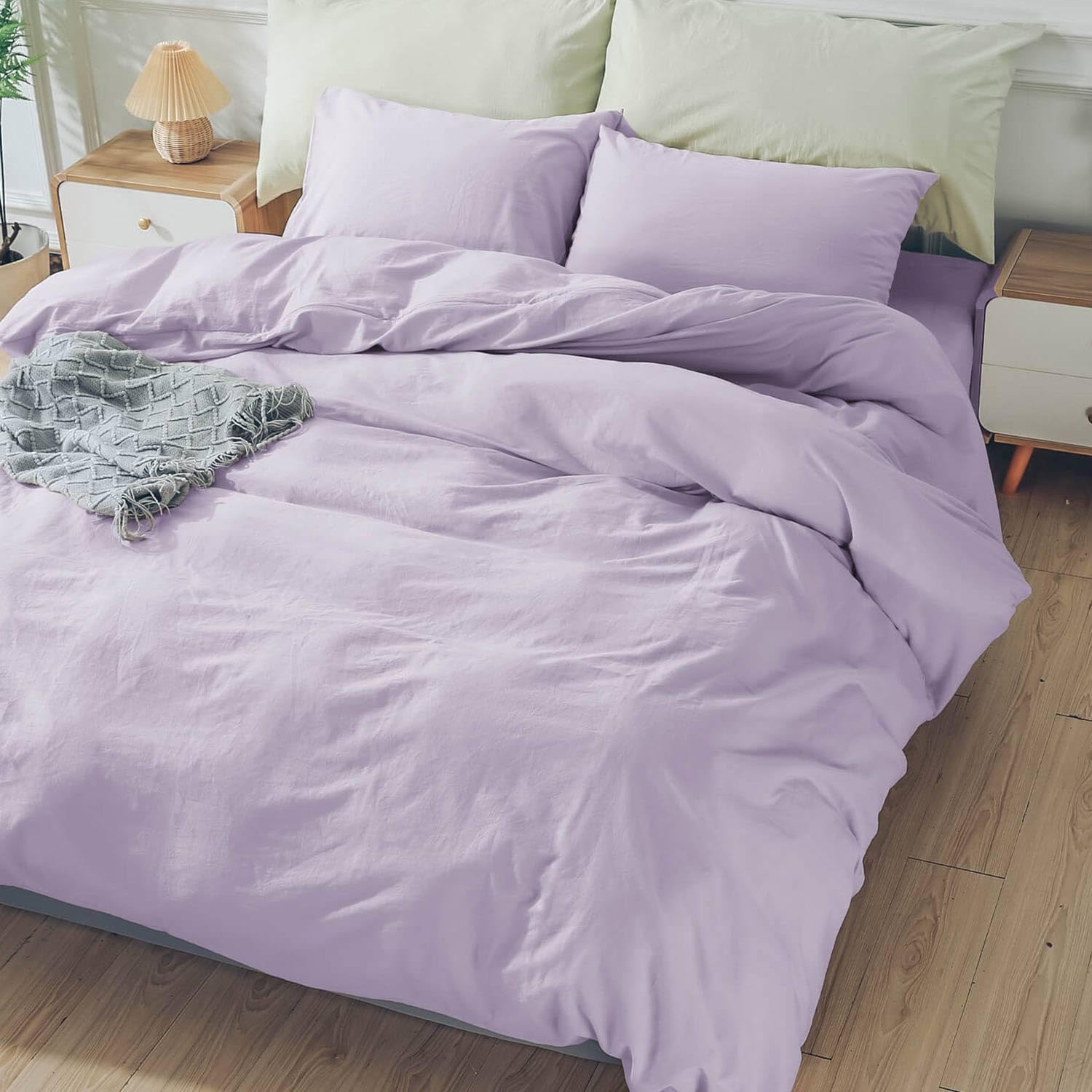 NEXHOME PRO Kids Twin Size Duvet Cover Set - 100% Organic Washed Cotton, Linen Feel, Breathable with Zipper Closure - 2 Piece Bedding Set in Purple Lavender Lilac (No Comforter Included) | Perfect for Children's Bedrooms, Sleepovers & Cozy Nursery Decor