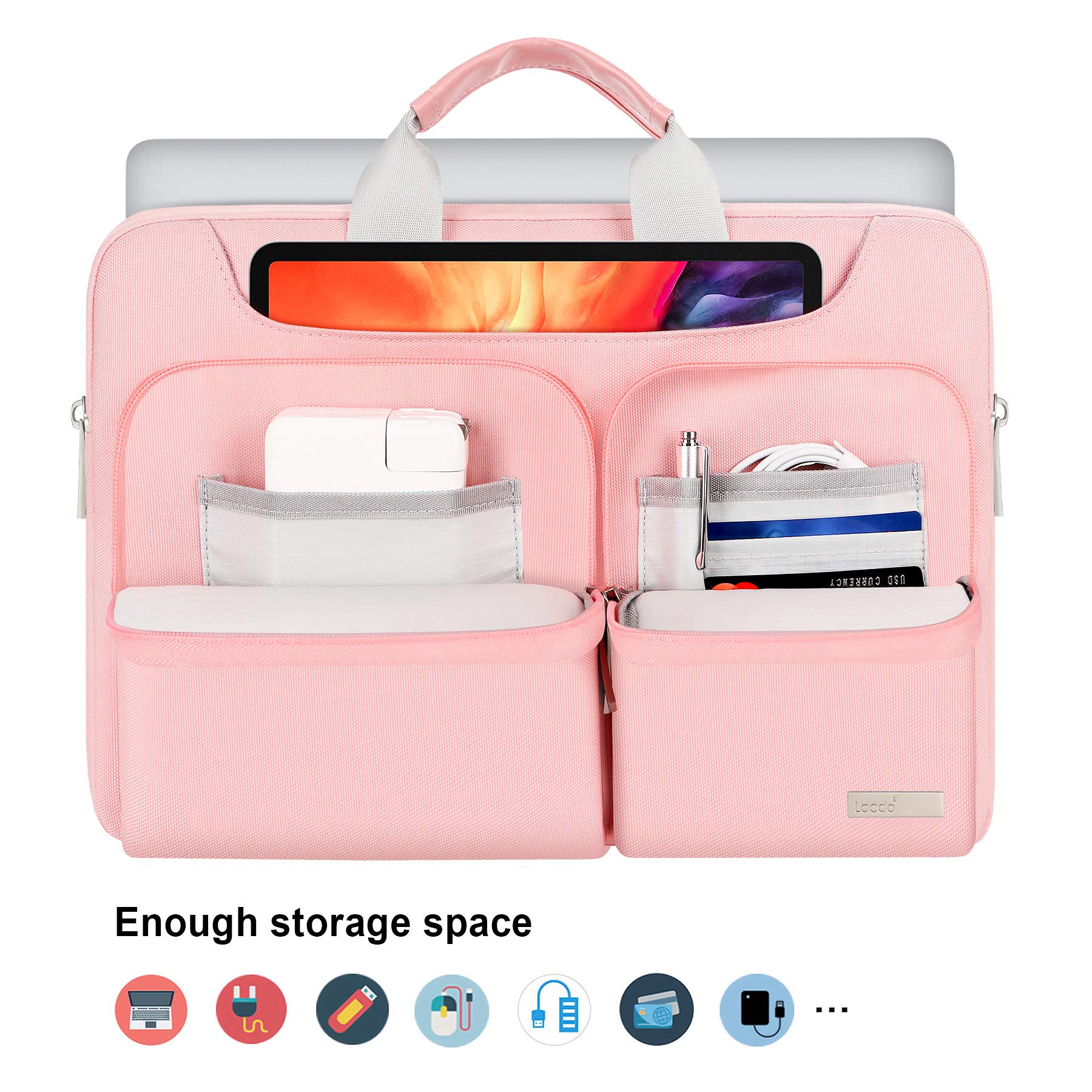 Lacdo 360° Protective Laptop Shoulder Bag for 15-15.6 Inch Laptops - Compatible with Acer, HP, Lenovo, Dell, ASUS (Aspire, Pavilion, Inspiron, IdeaPad, ZenBook) - Pink Computer Bag for Work, School & Travel