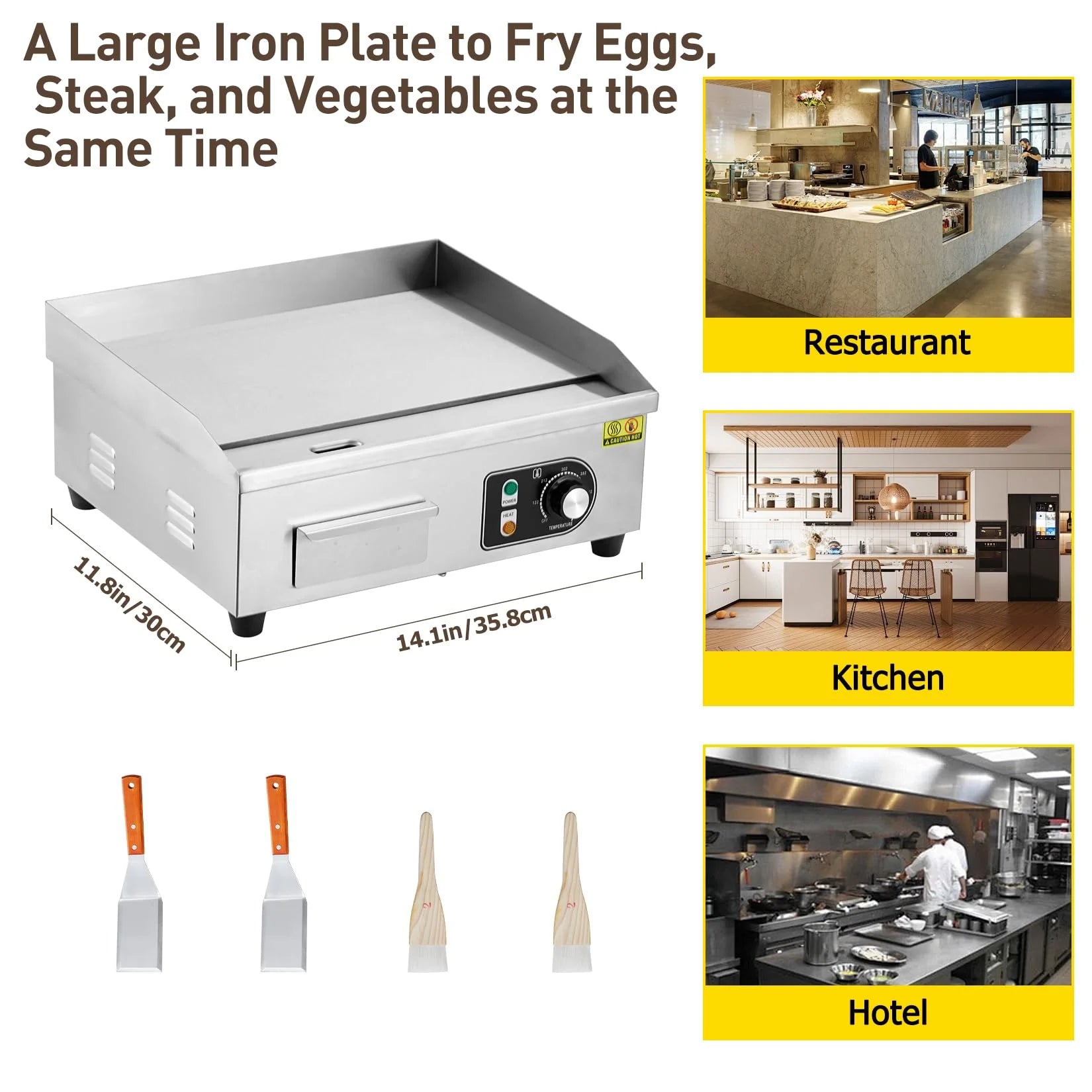 GARVEE 14 Inch Commercial Electric Grill - 1500W Stainless Steel Griddle with Adjustable Temperature (122°F-572°F) - Non-Stick Surface for Home Kitchen & Restaurant Use - Perfect for Indoor BBQ, Pancakes & Burgers (Plug Not Included)