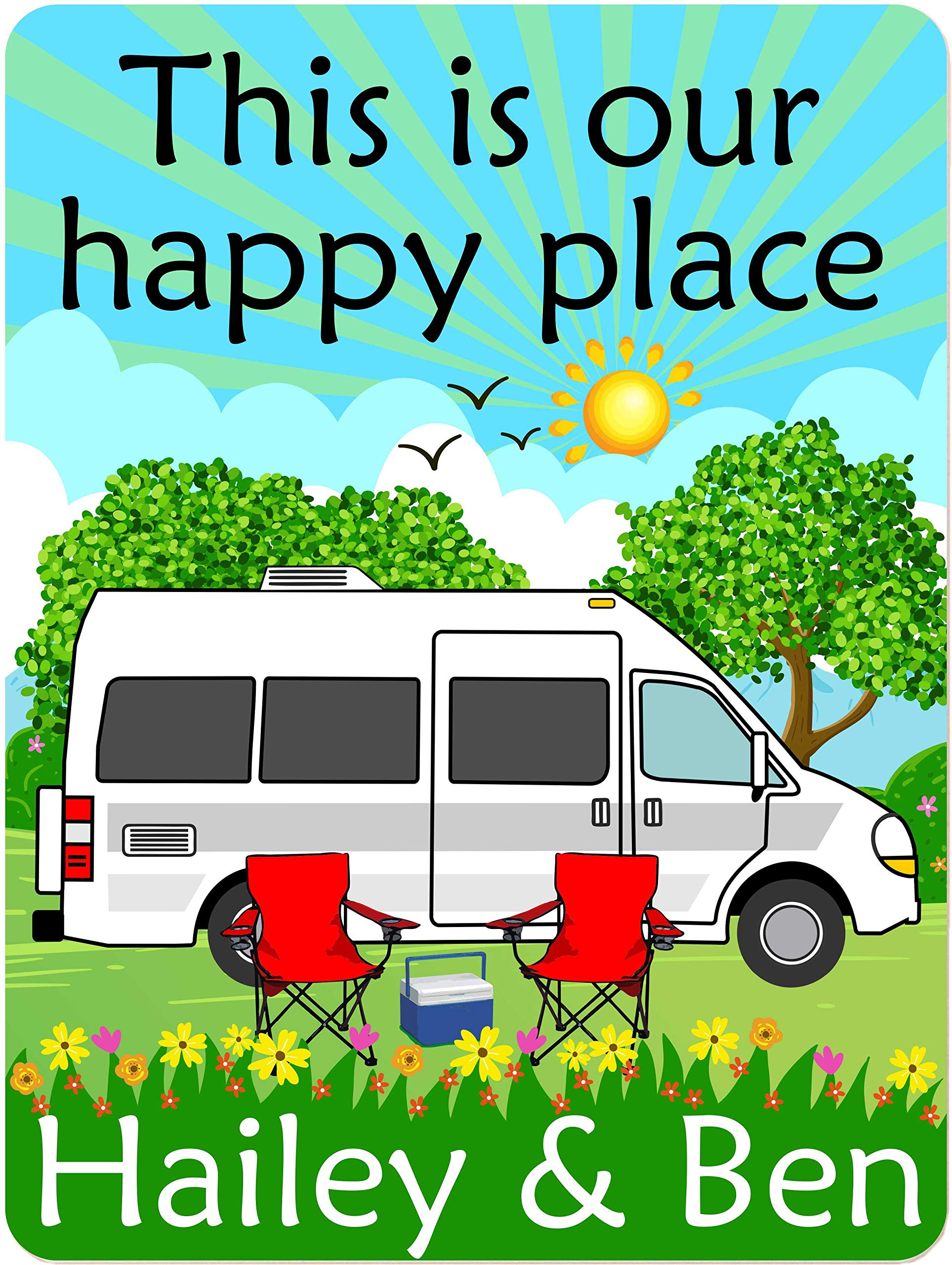 Personalized Aluminum Wall Sign - 'This is Our Happy Place' 12x16 Inch Custom Camping Themed Decor with 1 Line of Text - Perfect for White Class B Motorhome, RV, Cabin & Outdoor Spaces