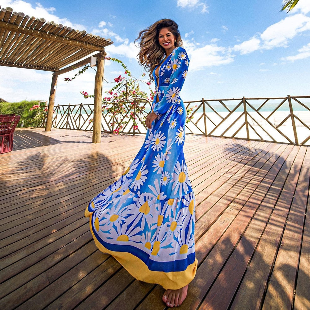 Blue Eyes Bikini Cover Up - Women's Long Beach Kaftan Tunic, Sarong Swimsuit Cover Up & Robe de Plage for Summer Vacation, Pool Party & Beach Getaway