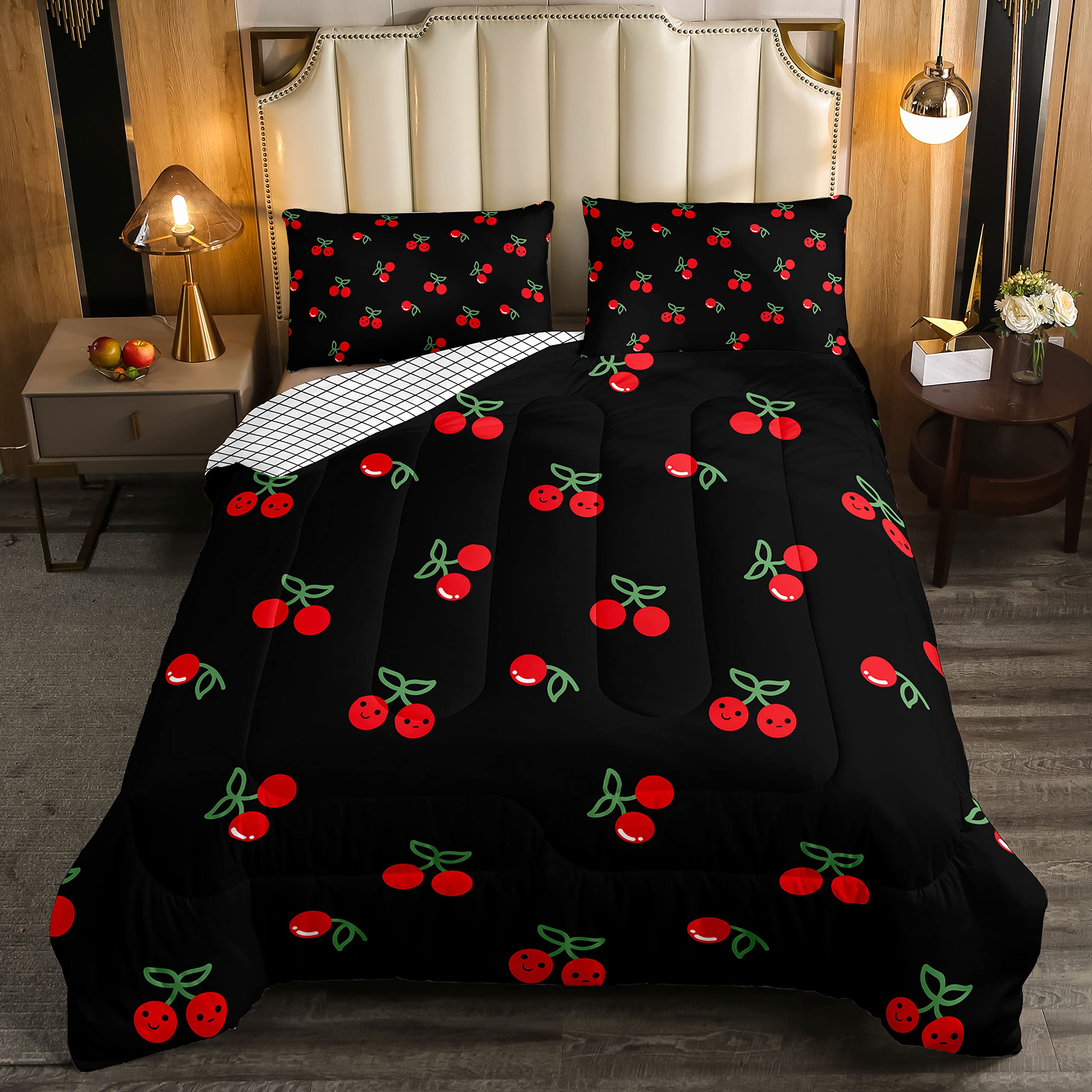 Erosebridal Red Cherry Comforter Set - Twin Size Kawaii Fruit Bedding for Kids, Boys & Girls | Reversible Soft Quilted Down Comforter with Cute Cherry Cartoon Design | Perfect for Bedroom Decor, Dorm Rooms & Cozy Sleepovers (Black)