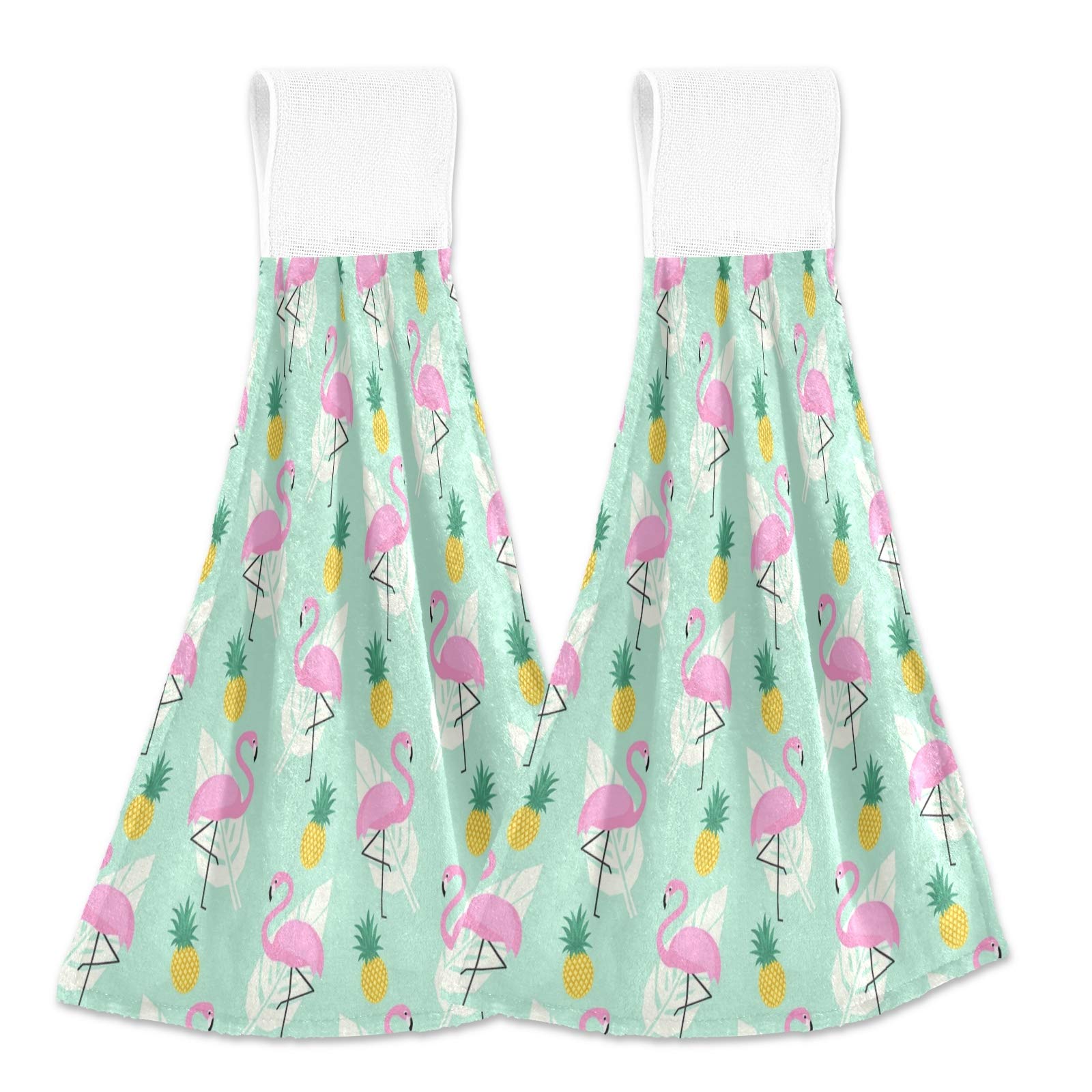 Pink Flamingo & Yellow Pineapple Hanging Kitchen Hand Towels Set - 2-Piece Dishcloths with Loops for Drying Dishes & Decorating Your Kitchen