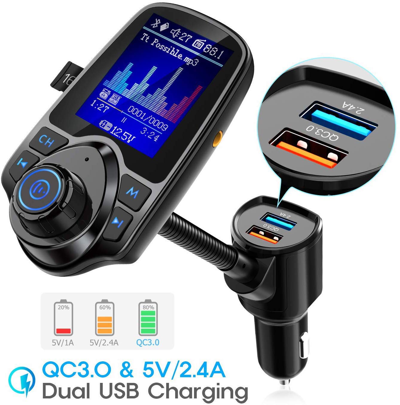 Nulaxy KM18 Wireless Bluetooth FM Transmitter for Car - 1.8