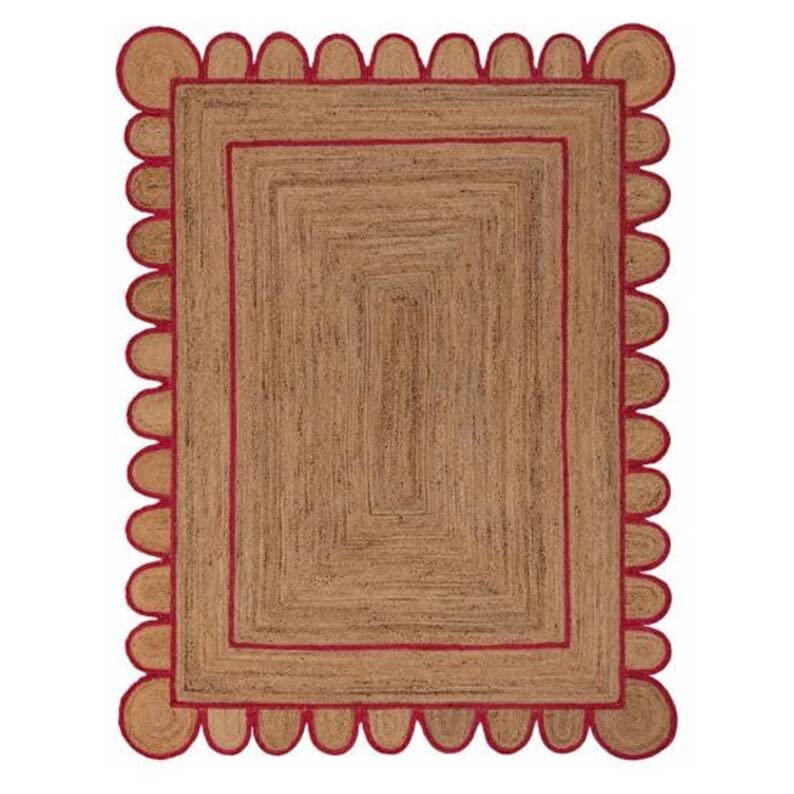 Bohemian Scallop Pattern Jute Area Rug - Pink Handwoven Natural Fiber Floor Mat 2'6