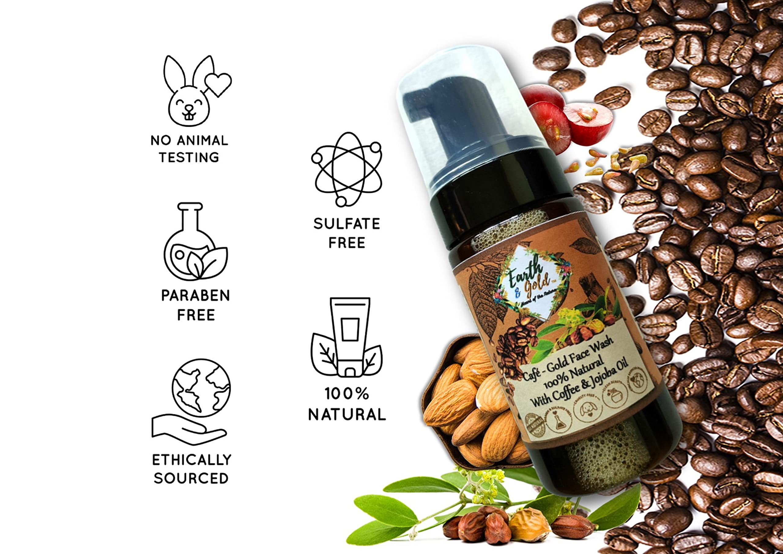 Earth & Gold Coffee Café Gold 100% Natural Vitamin-E & Jojoba Oil Enriched Foaming Face Wash with Coffee & Gold Dust - 120ml | Skin Energizing Cleanser for Morning & Night Routine | Visible True Clean Ingredients for Glowing Skin