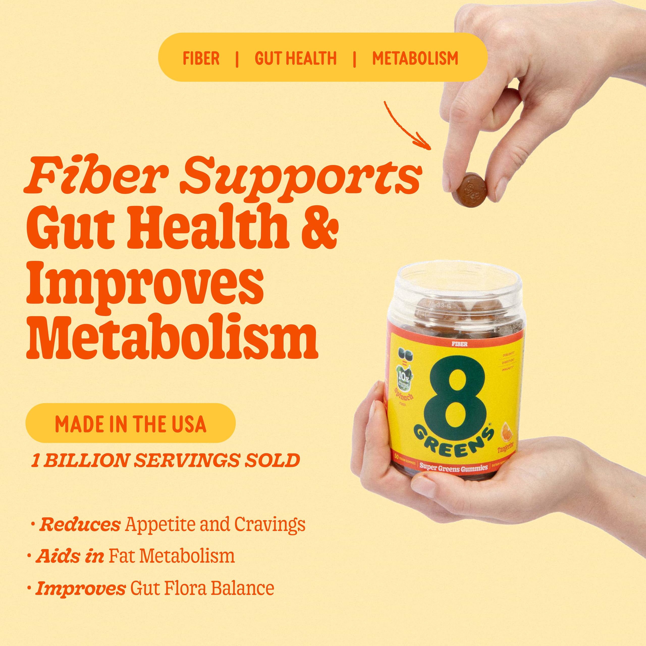 8Greens Daily Fiber Super Greens Gummies - Tangerine Flavor: Immune Support & Digestive Health Supplement with 8 Real Greens - Non-GMO, Vegan, 50 Chewable Gummies (Pack of 2) - Perfect for On-the-Go Wellness & Daily Nutrition Boost