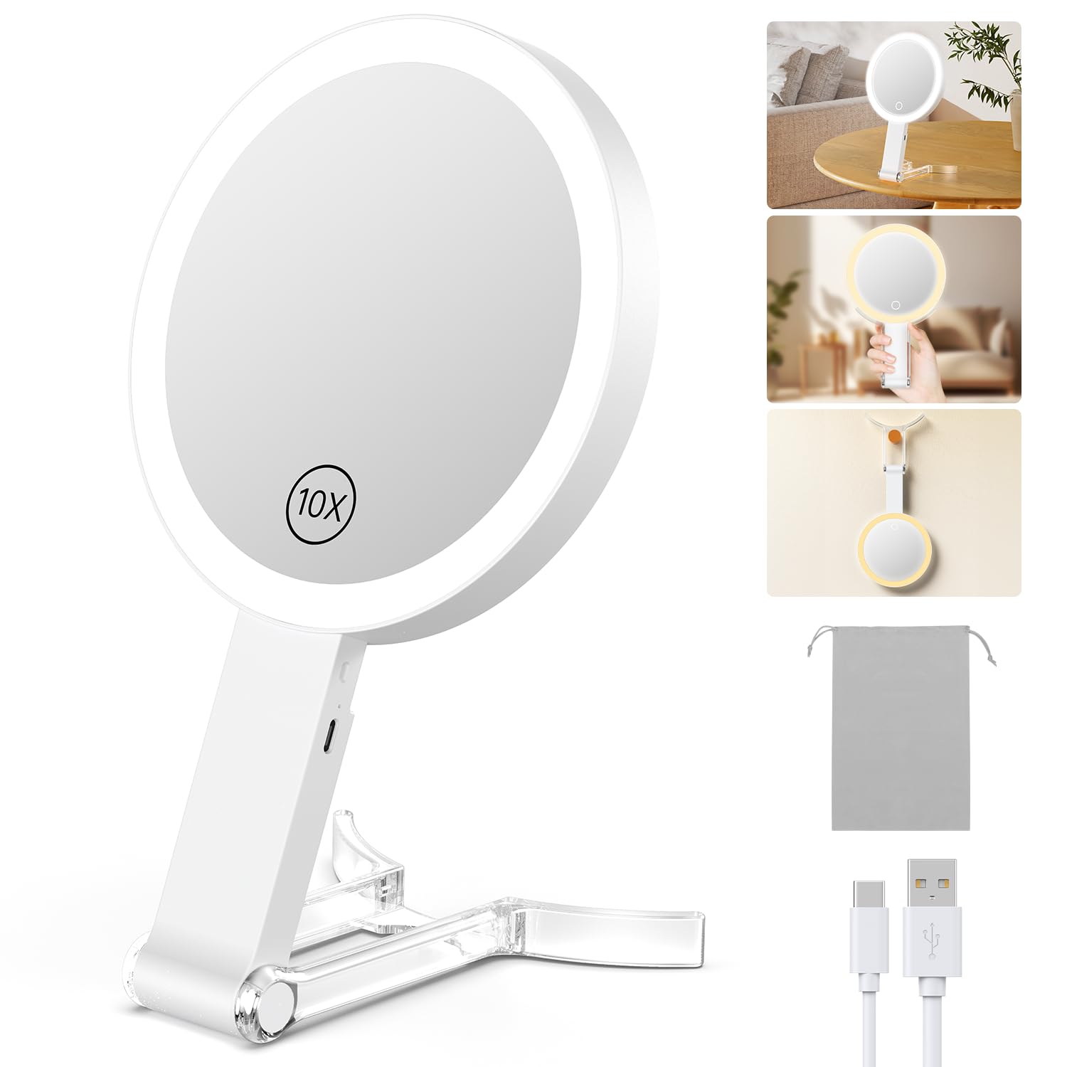 10X Magnifying Travel Makeup Mirror - 3 Color Lights, Adjustable Brightness for Home & Travel