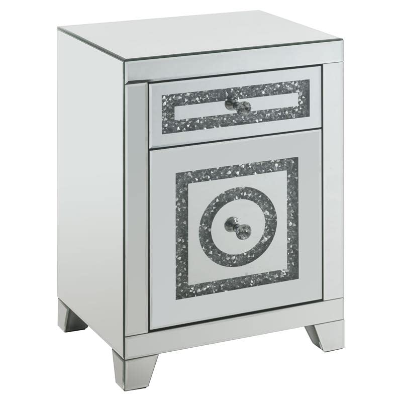 Acme Noralie Glass Accent Table with 2 Drawers - Elegant Mirrored Finish & Faux Diamond Decor | Perfect for Living Room, Bedroom, or Entryway Decor