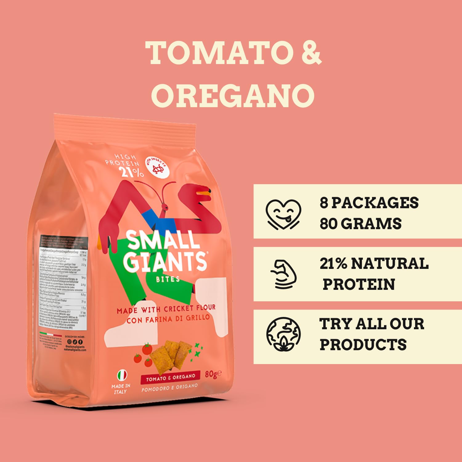 SMALL GIANTS® | Crackers Proteici con Farina di Grillo - Pomodoro & Origano | High Protein, Vit.B12, Omega3, Proteine Sostenibili, Senza Zuccheri Aggiunti | Snack Sano per Fitness e Dieta