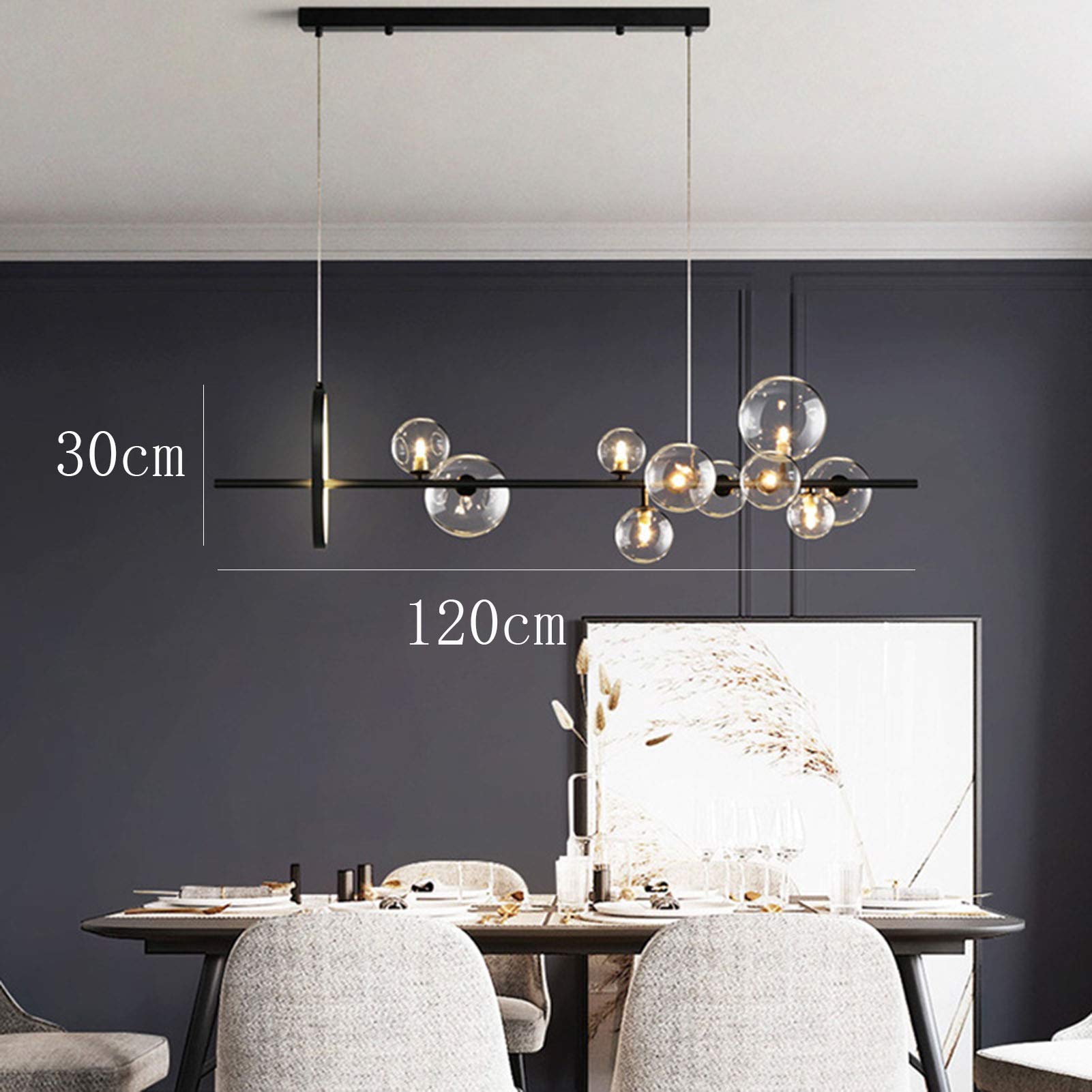 Modern Linear LED Chandelier Ceiling Light with Clear Glass Globe - Black Nordic Style Dining Room Pendant Light for Kitchen Island, Bedroom, Living Room & Office