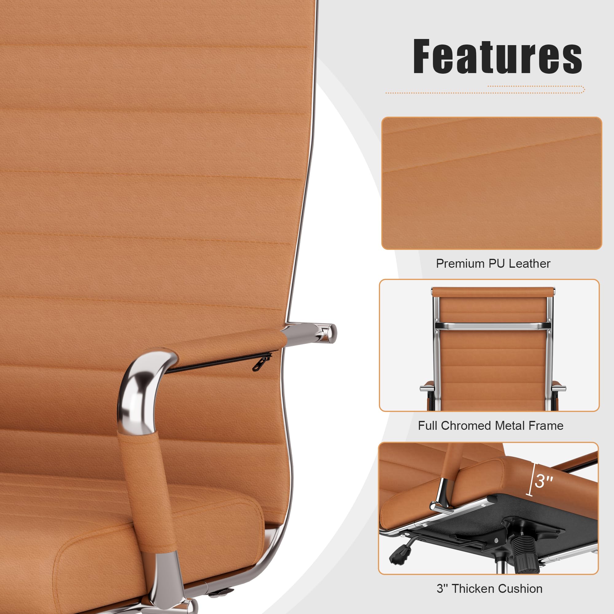 Okeysen Ergonomic Leather Office Chair - Adjustable Height Swivel Rolling Executive Desk Chair for Home & Conference Room - Modern Ribbed Design (Brown) - Perfect for Long Work Hours & Professional Meetings