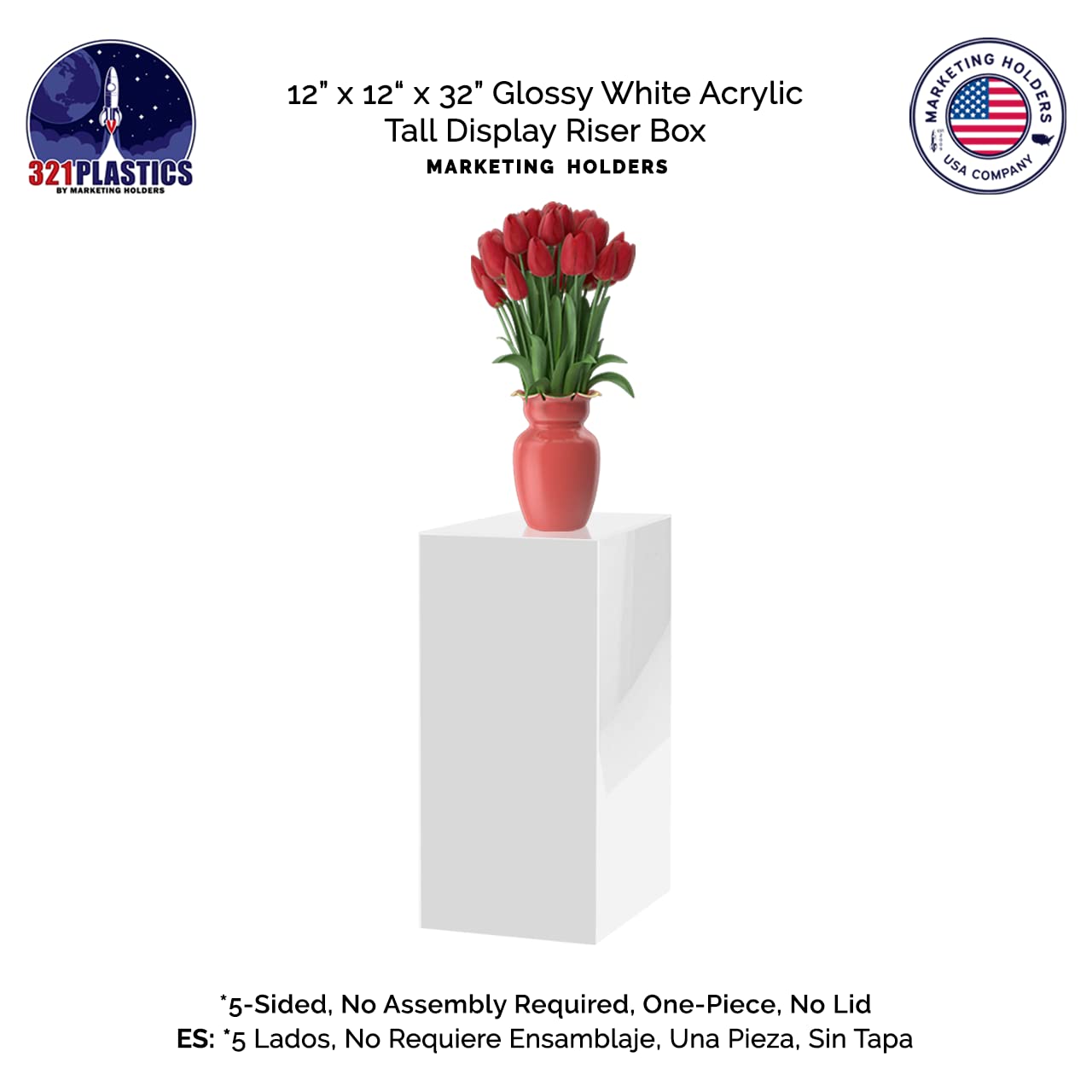 Acrylic Display Stand 12x12x32 Inches - Tall White Lucite Pedestal for Retail, Wedding Decor & Art Sculptures | Plexiglass Column for Flower Arrangements, Centerpieces & Store Displays
