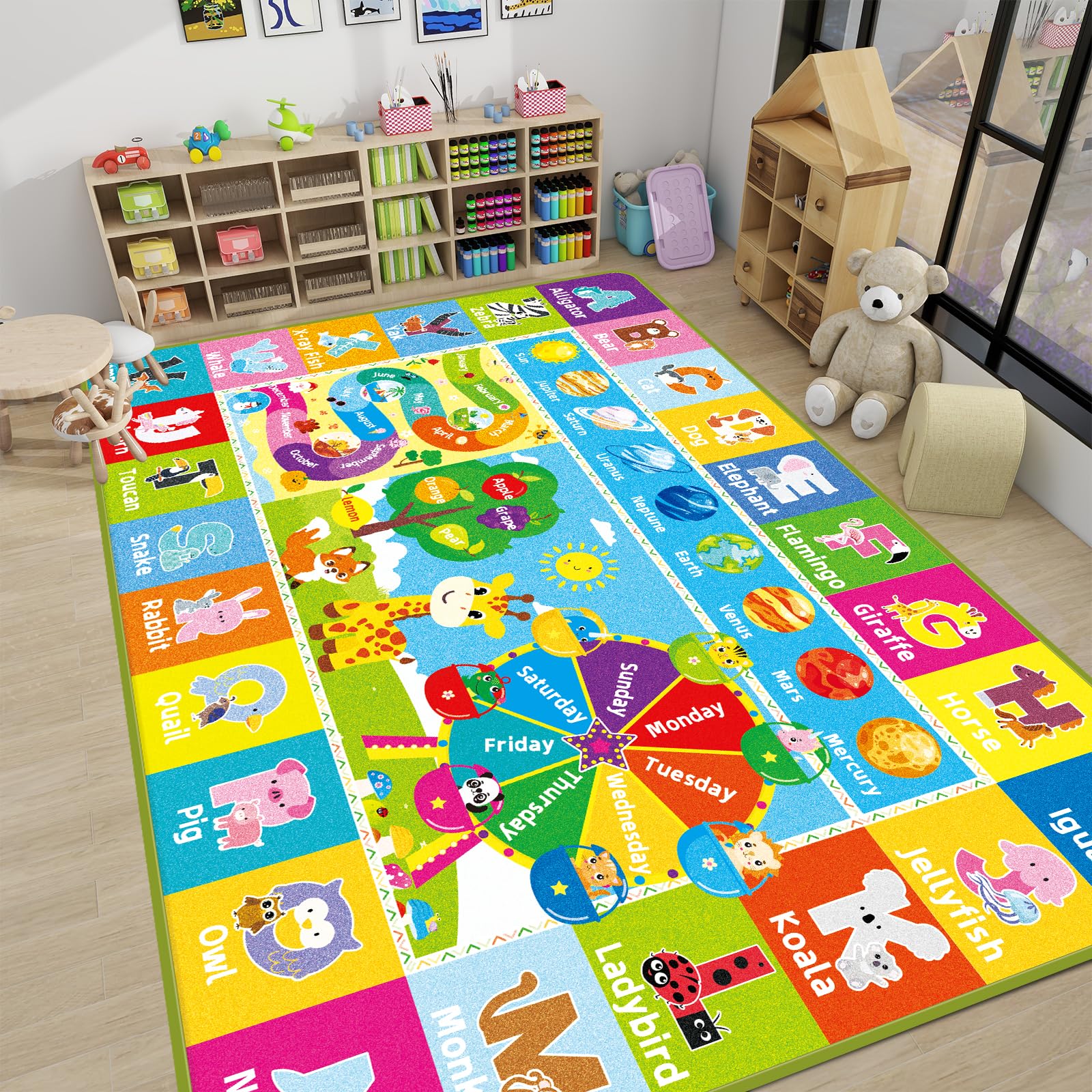 **AKASISRUG Educational Kids Play Mat - ABC, Animals, Months, Weeks, Fruits & Planets Learning Rug for Playroom, Classroom & Bedroom - Non-Slip Baby Play Mat (78.7