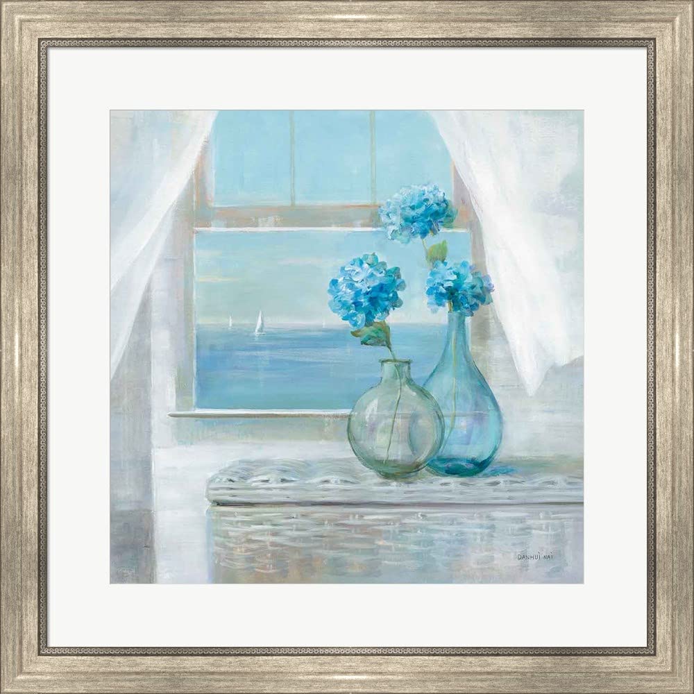 Danhui NAI Beach House Hydrangeas Framed Art Print - 26x26 Inch Silver Scoop Frame Wall Decor for Living Room, Bedroom & Office