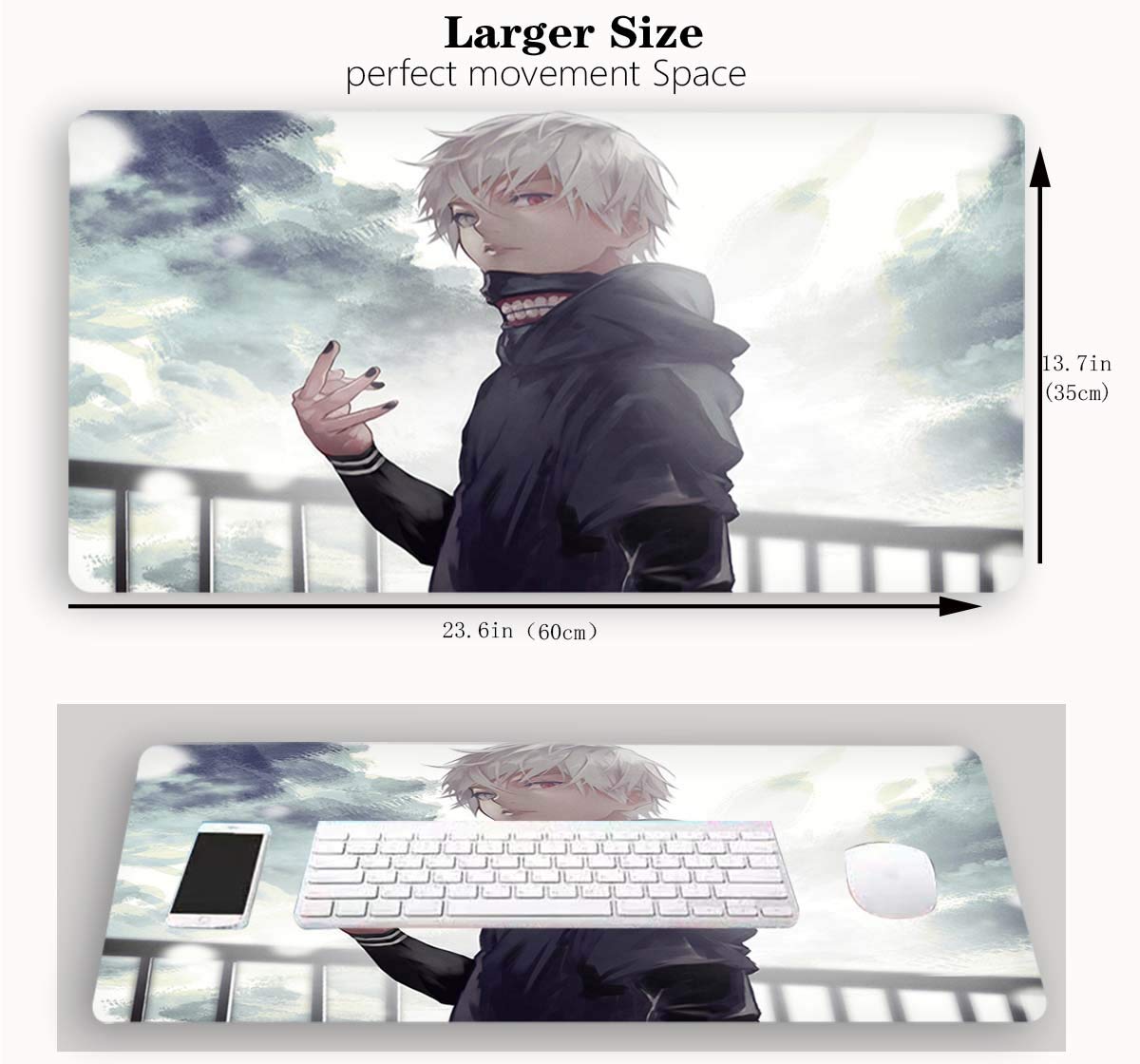 Tokyo Ghoul Anime Gaming Mouse Pad - Extra Large Desk Mat for Computer & Keyboard - Kaneki Ken Themed Non-Slip Mousepad (14.7