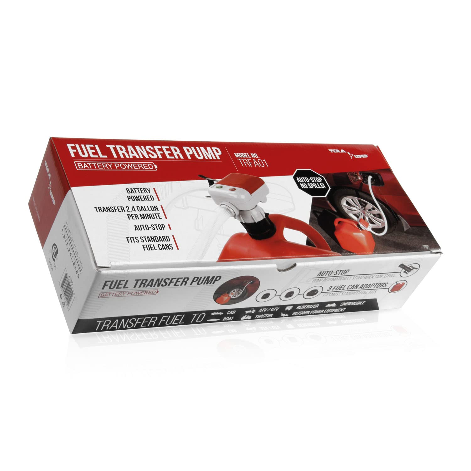 TERA PUMP Splash-Proof Gas Can Pump - 39 Inch Discharge Hose, 2.9 GPM Flow Rate (250 Gallons) - Battery Powered Liquid Transfer Siphon with Auto Stop Sensor (AA Batteries Not Included) - Ideal for Gasoline, Diesel, Kerosene & Water Transfer in Cars, Boats, Lawn Mowers & Emergency Fuel Storage