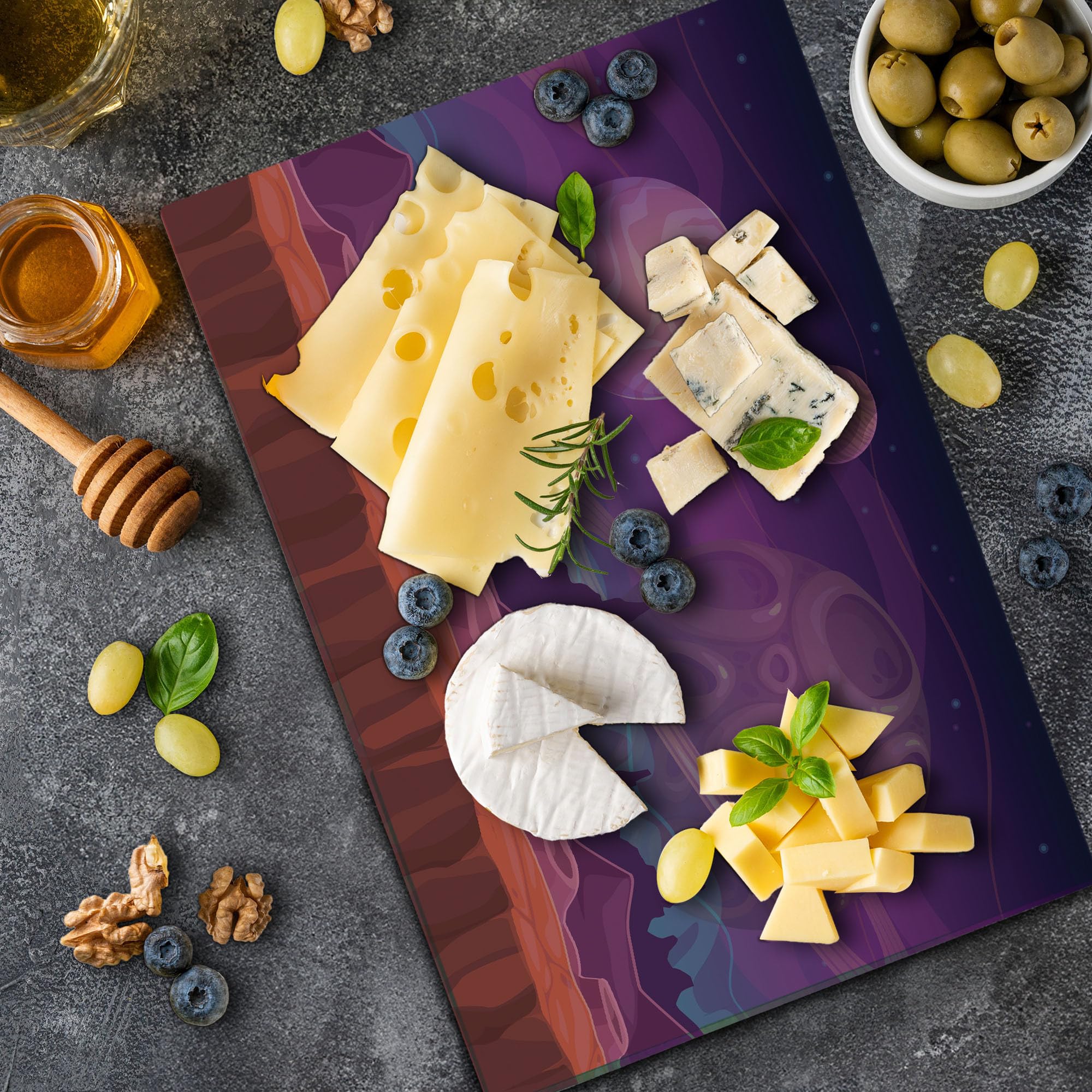 Ambesonne Fantasy Purple Alien Landscape Tempered Glass Cutting Board - Large Decorative Serving Board with Craters & Planets Design - Perfect for Kitchen Prep, Charcuterie Display & Unique Home Decor Gift