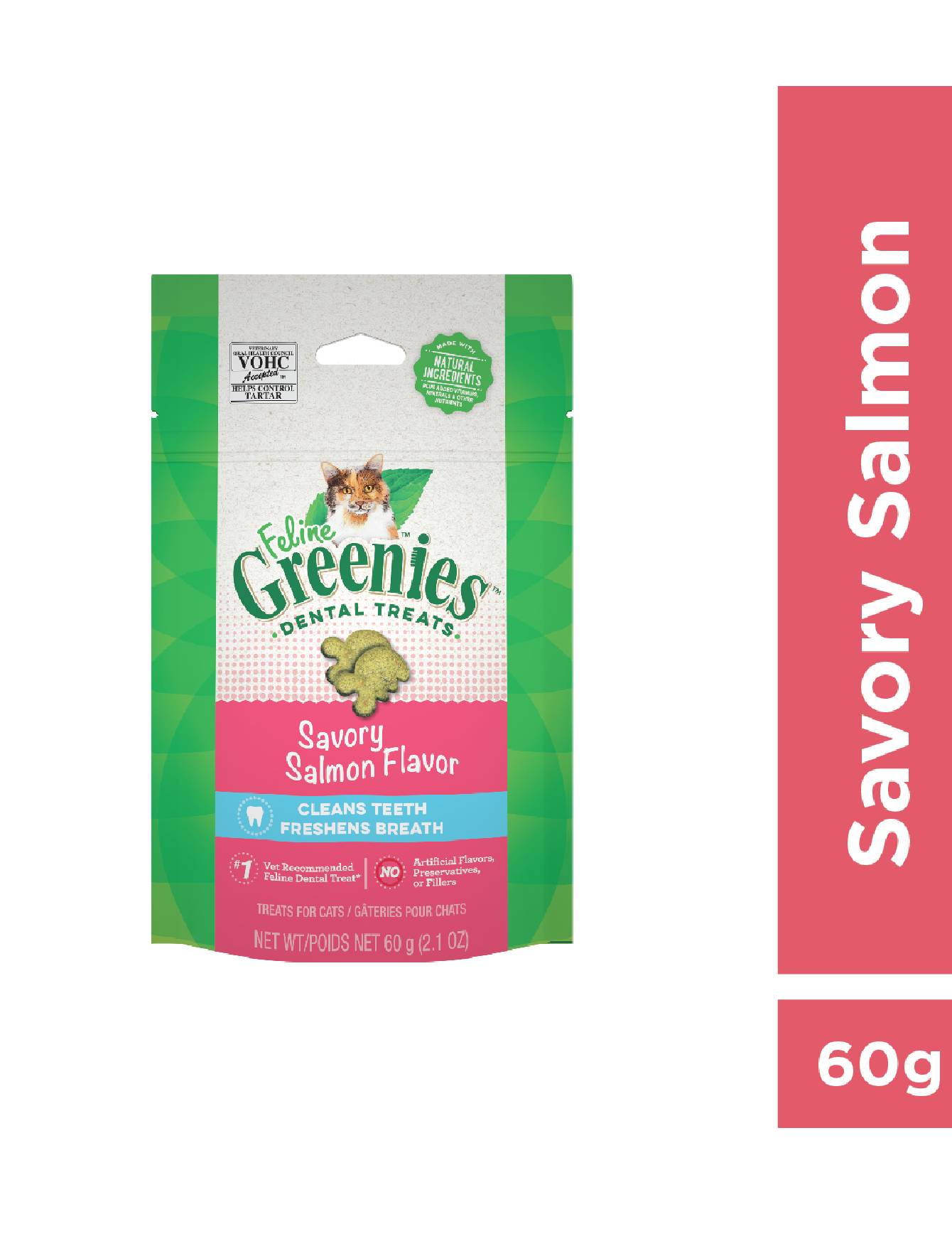 Greenies Feline Dental Treats for Cats - Natural Salmon Flavor, 60g | Tartar Control Cat Snacks for Fresh Breath & Healthy Teeth - Perfect for Daily Oral Care Routine