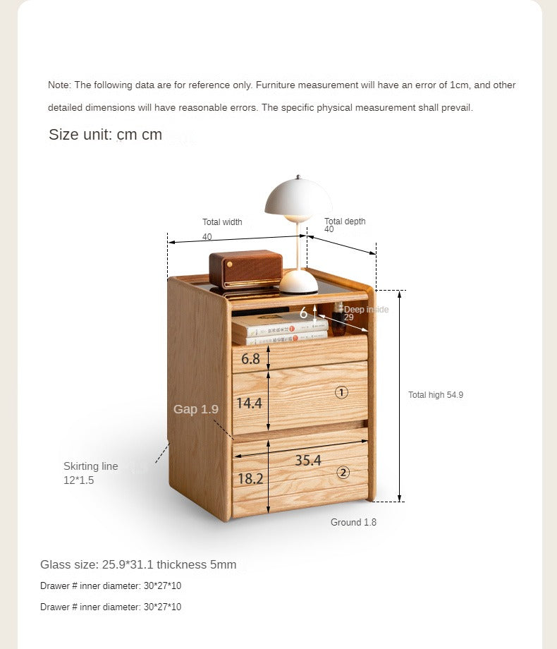 Solid Oak Wood Nightstand with Glass Top - Modern Movable Bedside Table for Bedroom, Living Room, or Office