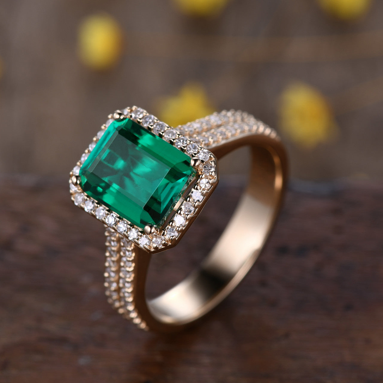 Vintage 3.5 Carat Yellow Gold Diamond Halo Emerald Engagement Ring with 4mm Wedding Band - Perfect for Proposals, Anniversaries & Bridal Jewelry Sets