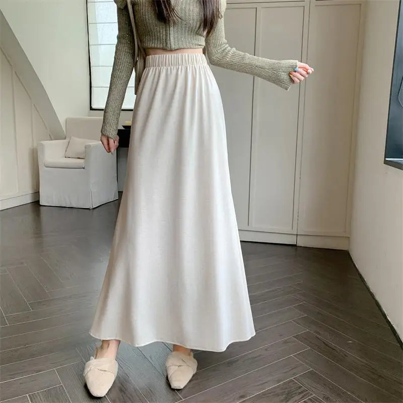 Women's Black Elastic High Waist Fishtail Skirt - Korean Style Beige Pleated A-Line Long Skirt for Autumn Winter | Elegant Vacation Outfit, Office Wear & Party Dress