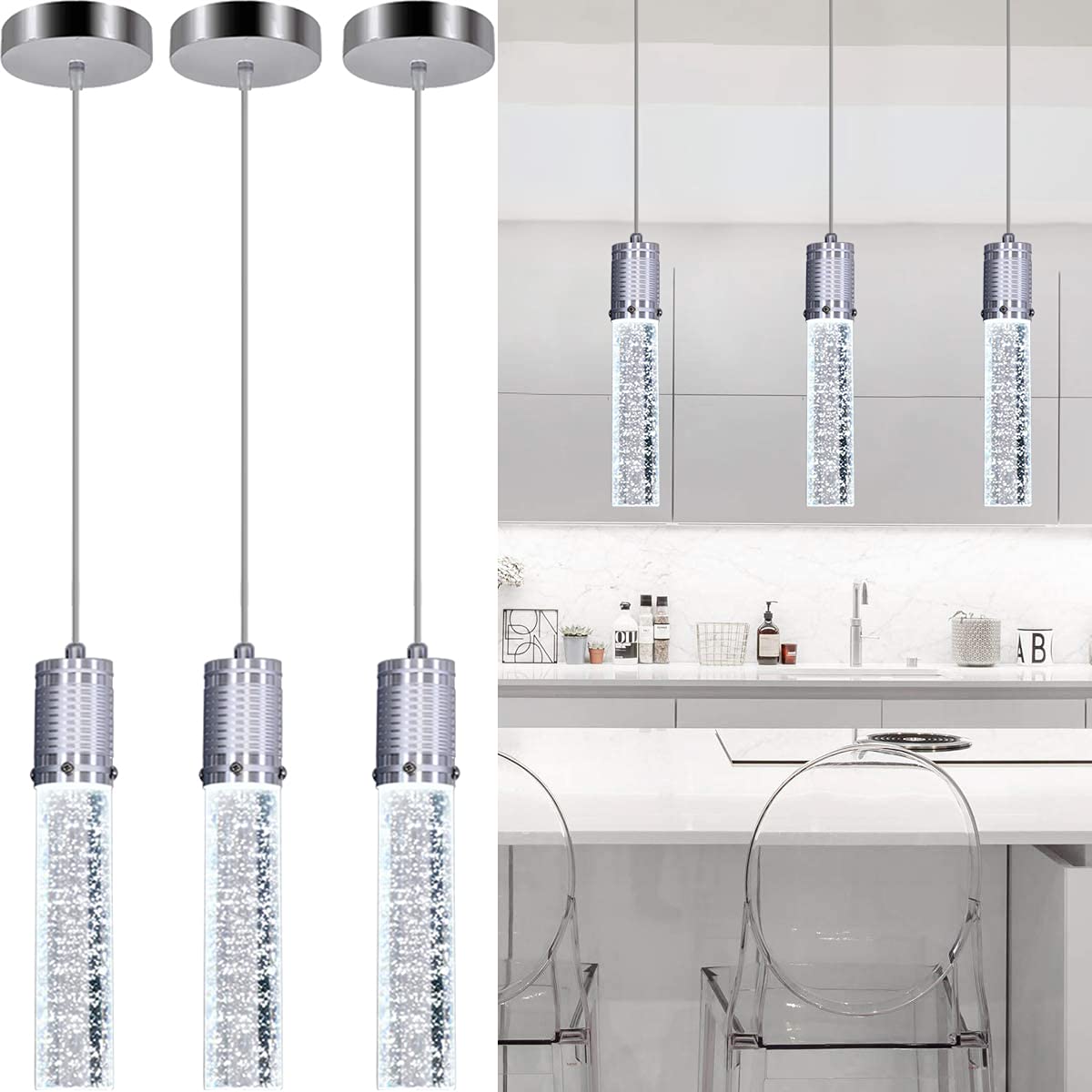 3-Light Modern Crystal Chandelier Pendant Lighting Fixture for Kitchen Island & Dining Room - LED Bubble Glass Design with Included 6000K Bulbs - Perfect for Contemporary Home Decor & Restaurant Ambiance