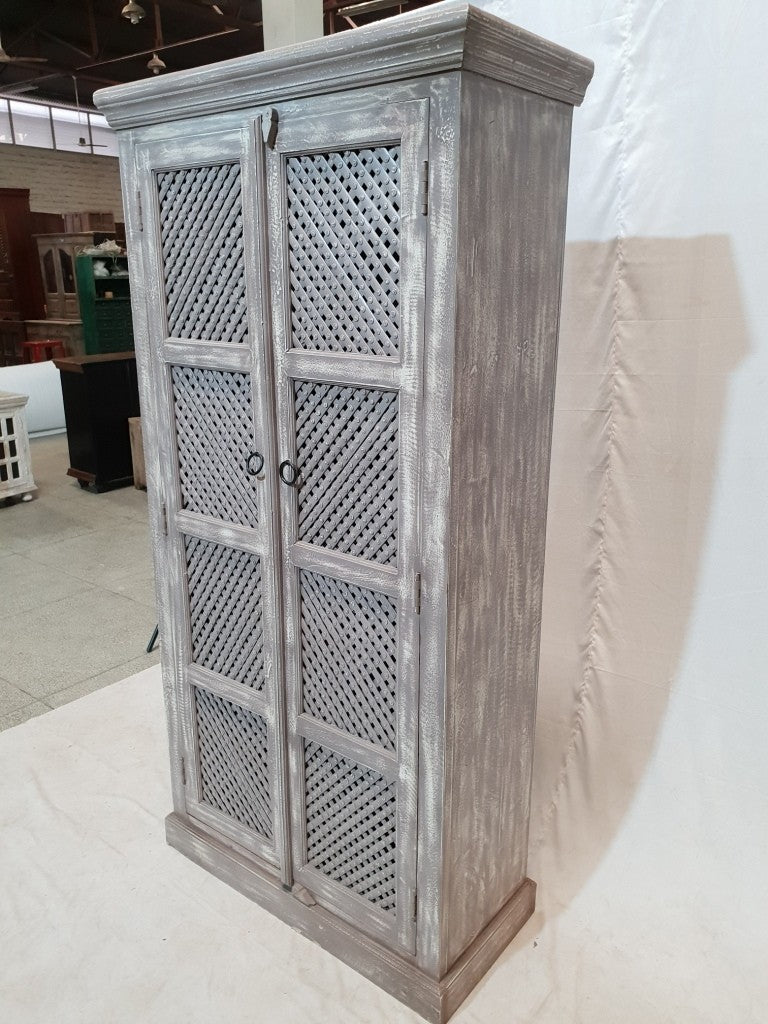 French Style Jali Carved Cabinet Pantry Cupboard - Grey & White Rustic Design (180cm) for Living Room, Dining Room & Kitchen Storage