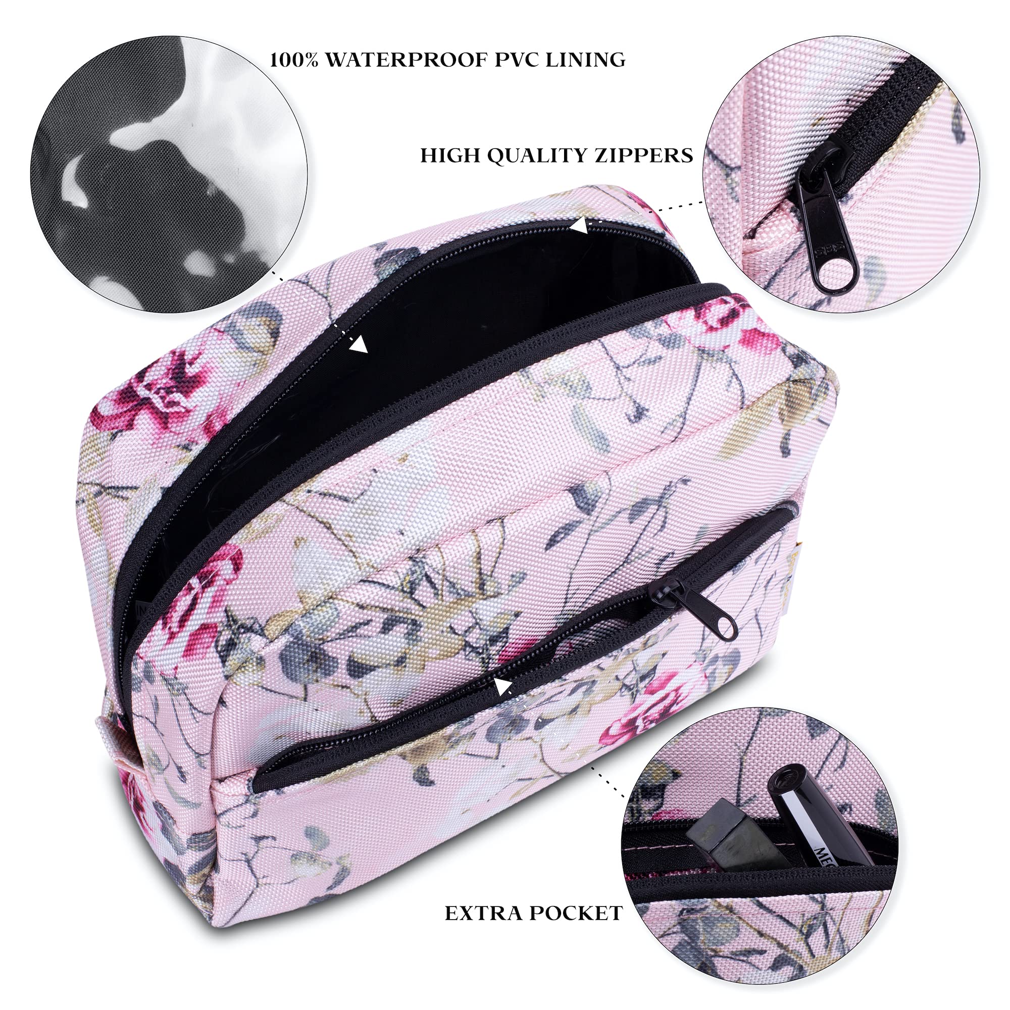 Large Makeup Bag for Women - Waterproof Zippered Travel Cosmetic Organizer - Spacious Leakproof Makeup Pouch with Spring Roses Design - Perfect for Travel, Gym & Daily Beauty Storage