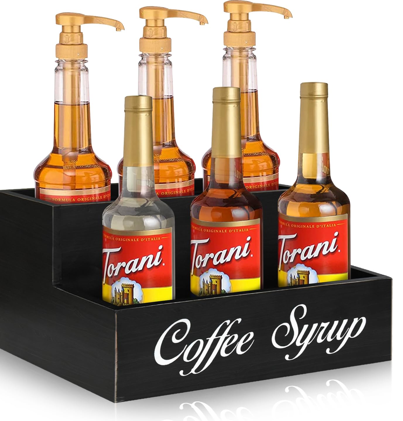 2-Tier Wooden Coffee Bar Organizer with 6 Syrup Bottles - Countertop Coffee Station Accessories for Espresso, Latte & Cappuccino - Farmhouse-Style Condiment Rack for Coffee Lovers (Perfect for Home Kitchens & Coffee Shops)