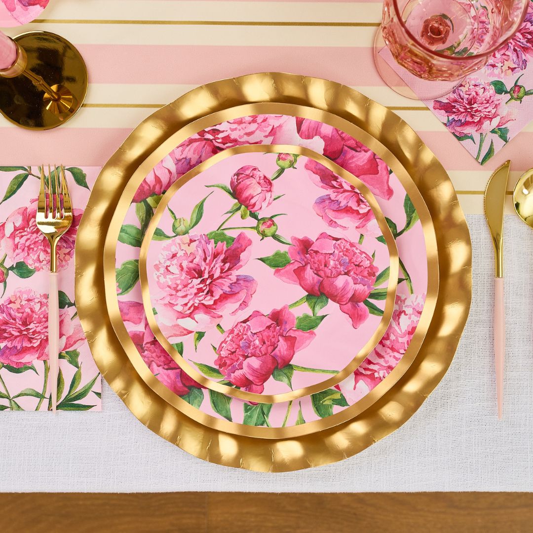 Wavy Dinner Plate Set - Pink Peonies Design - 8 Piece Pack - Perfect for Elegant Dining, Wedding Receptions & Home Decor