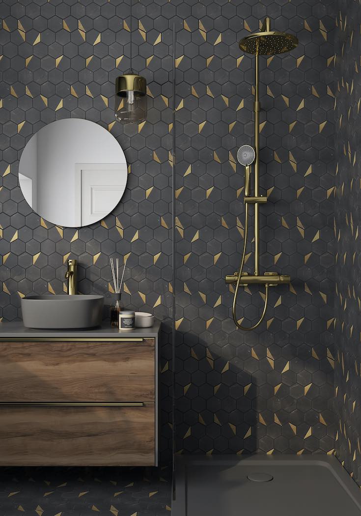 Premium Inlay Brass Gold Nero Hexagon Tile - Elegant Mosaic Floor and Wall Decor for Bathroom, Kitchen, and Backsplash