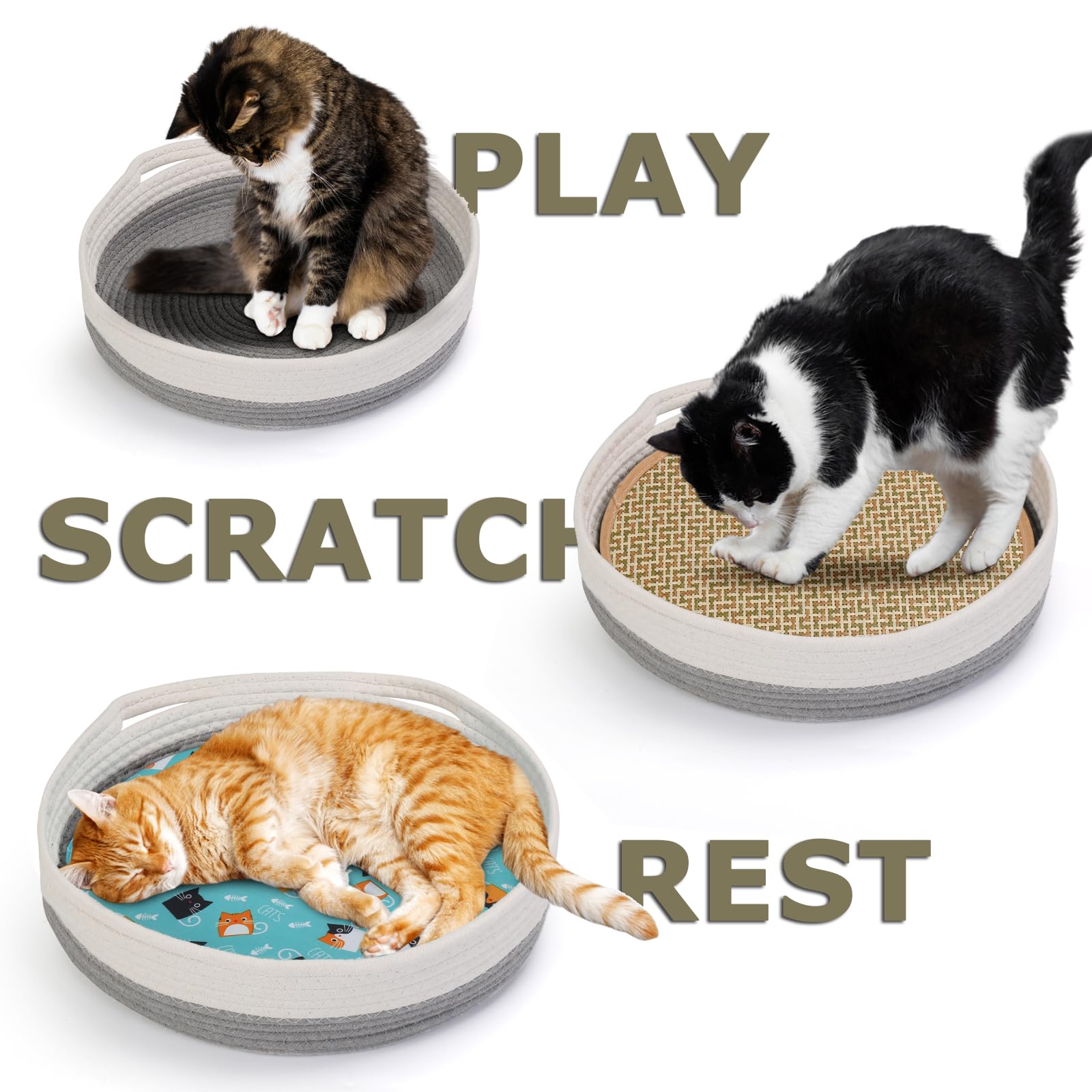 Round Wicker Cat Bed for Indoor Cats - Cooling Donut Pet Nest with Scratching Pad, Washable Grey Cat Basket for Summer Sleeping | Perfect for Cozy Napping & Playtime