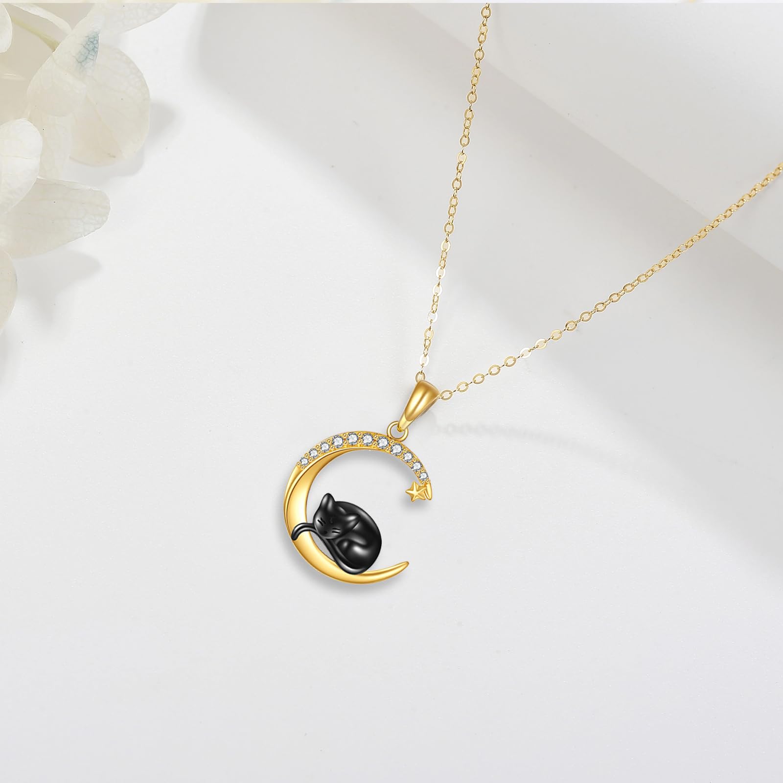 14K Real Gold Cat Necklace - Delicate Yellow Gold Crescent Moon Black Cat Pendant Jewelry for Women, Cat Lovers | Perfect Gift for Birthday, Anniversary & Everyday Wear